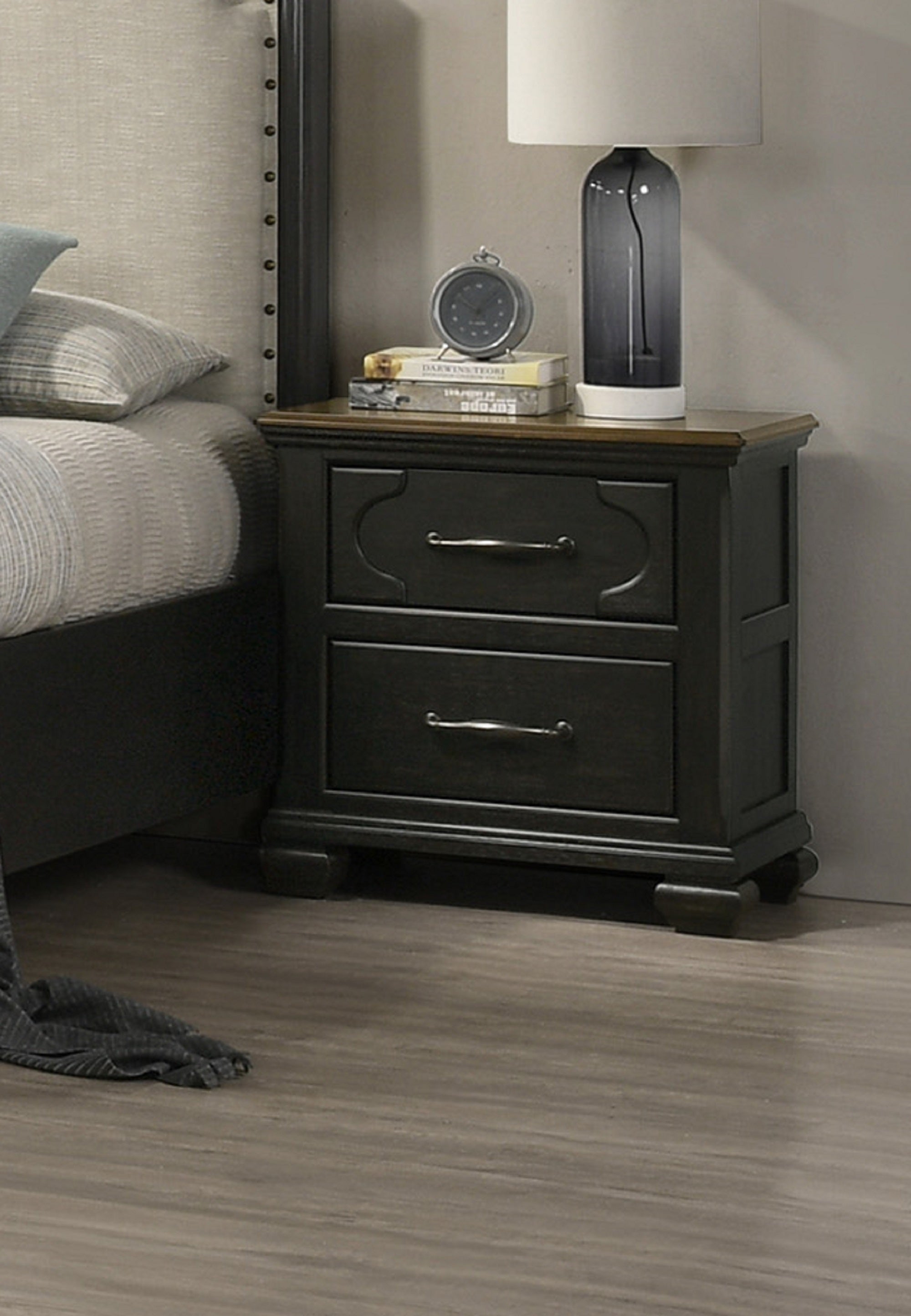 1pc Traditional 2-Drawer Nightstand Wooden Bedroom Furniture Gray Brown Finish Metal knobs