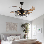 48' Black Remote Control Ceiling Fan Light – Industrial 4-Blade Fan with Cage Design and Adjustable Speed for Living Room, Bedroom, or Office (Silent/6-Speed/Reversible/DC Motor) (Bulb Not Included)