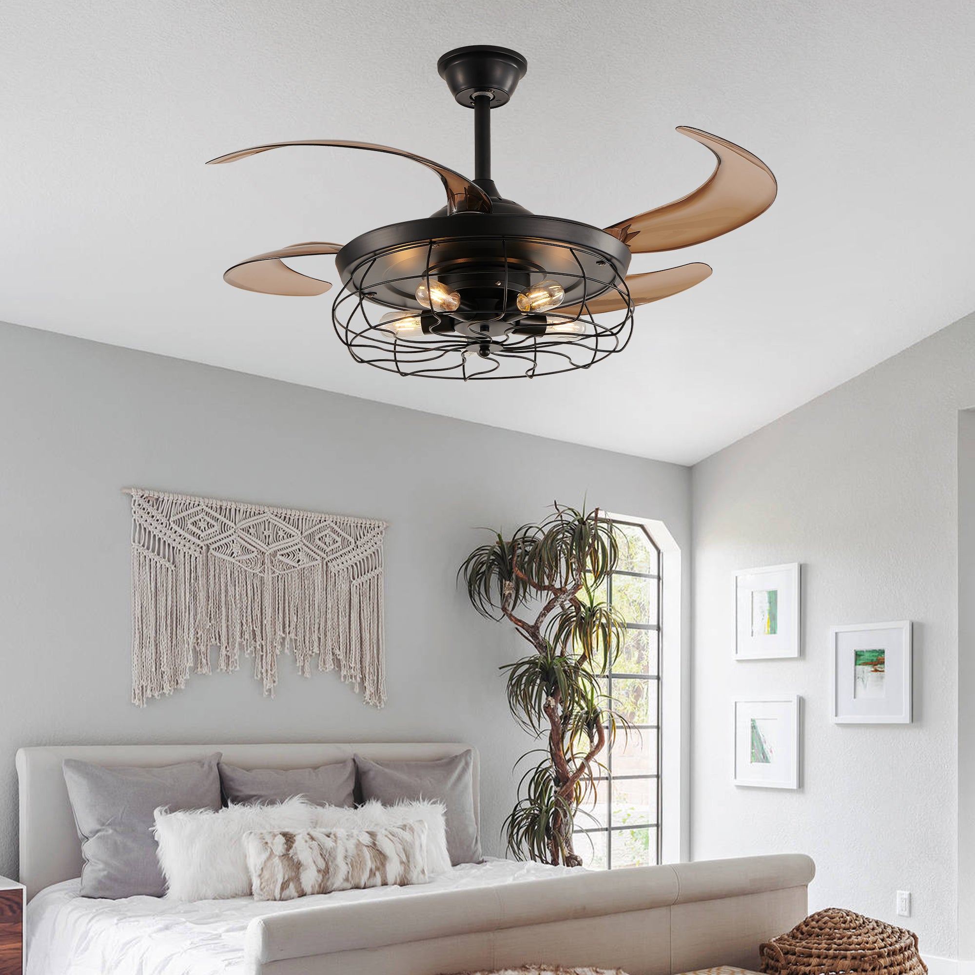 48' Black Remote Control Ceiling Fan Light – Industrial 4-Blade Fan with Cage Design and Adjustable Speed for Living Room, Bedroom, or Office (Silent/6-Speed/Reversible/DC Motor) (Bulb Not Included)