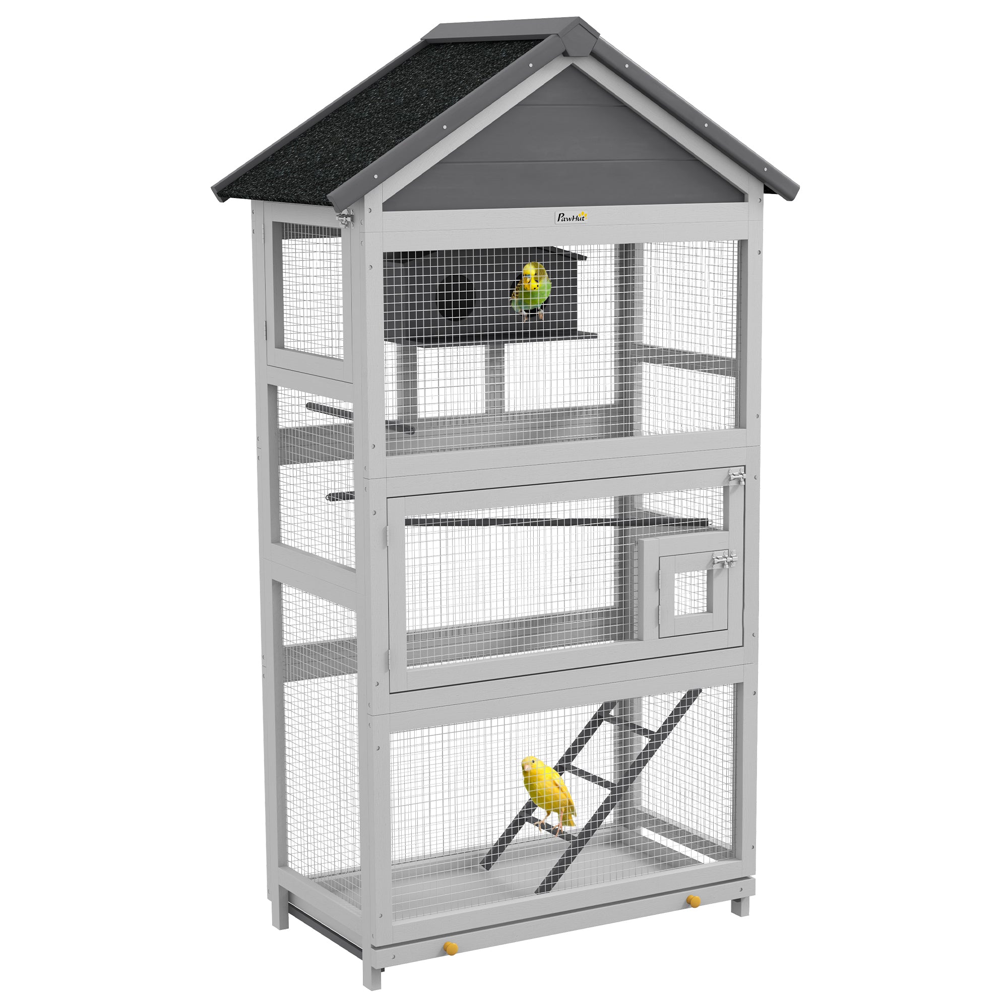 PawHut Wooden Bird Aviary, 67' Outdoor Bird Cage with Slide-Out Tray, Three Doors, Birdhouse, Ladder, Perches for Finches, Parakeets, Gray