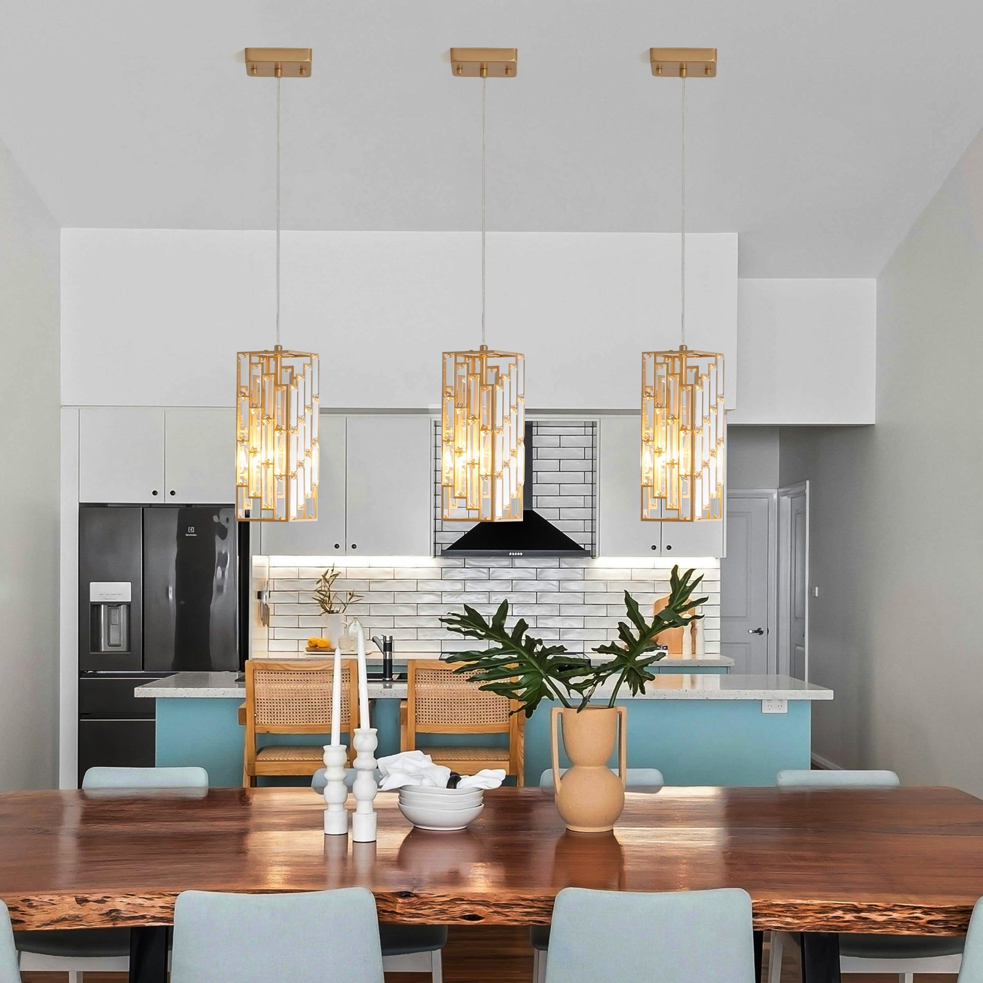 4' Modern Crystal Pendant Light - 3 Pack, Adjustable Hanging Ceiling Lamp with Crystal Prism Design for Dining Room, Kitchen Island, and Living Room -Golden Finish