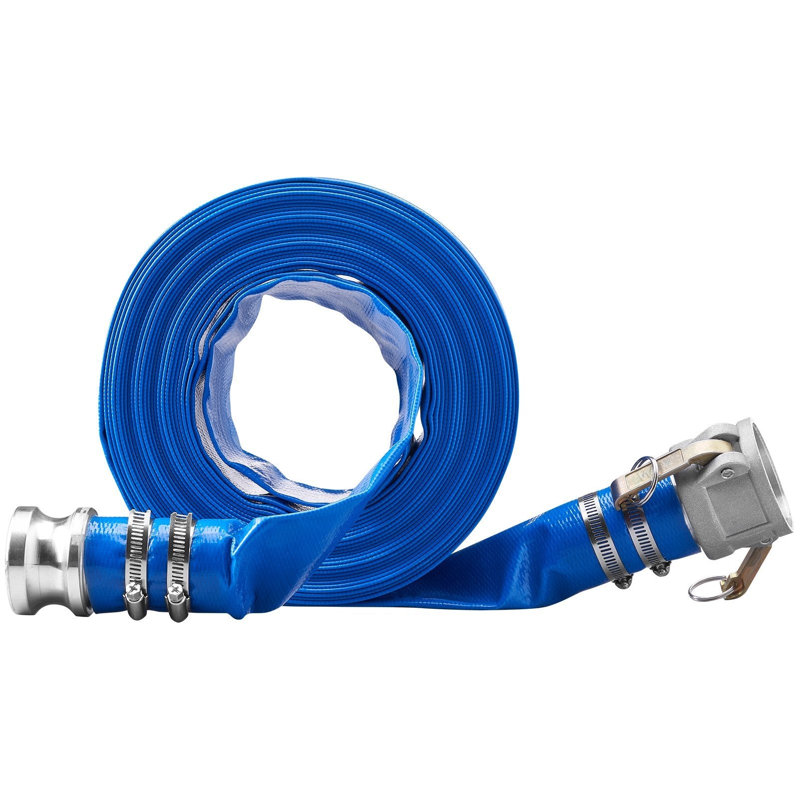 Backwash Hose, 2 in x 50 ft, Heavy-Duty PVC Flat Pool Discharge Hose with Aluminum Camlock C & E Fittings, Clamps, Compatible with Pumps, Sand Filters, for Swimming Pools Waste Water Drain, Blue