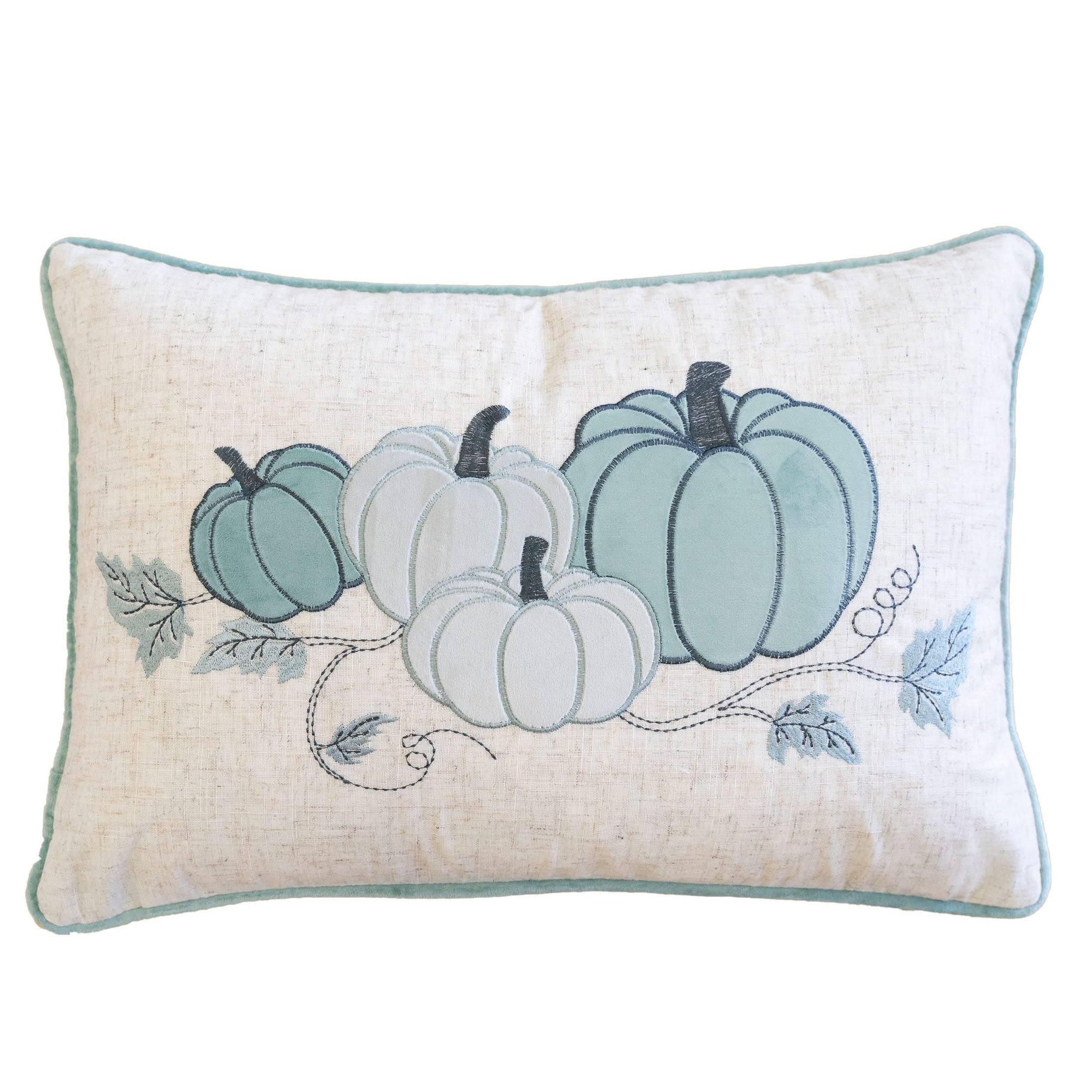 Embroidered Pumpkin Lumbar Throw Pillow – Misty Blue Fall Accent Cushion