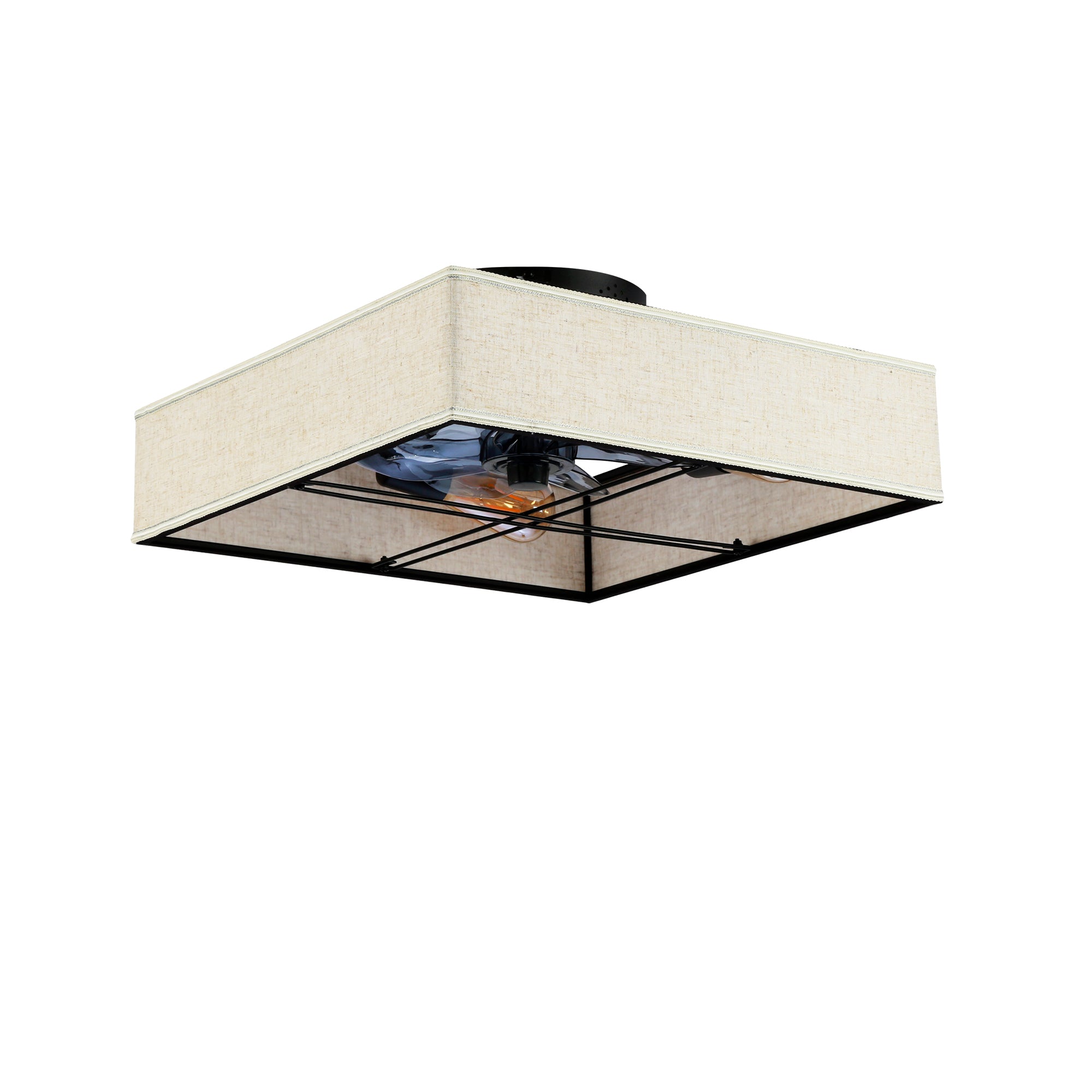 16.6' Square Fabric Farmhouse Flush Mount Ceiling Fan ,Reversible Motor, DC Remote Control,7 PCS PC Blades,6 Speed Ceiling Fan,Timing, for Bedroom Kitchen Living Room--NOT Included Bulbs