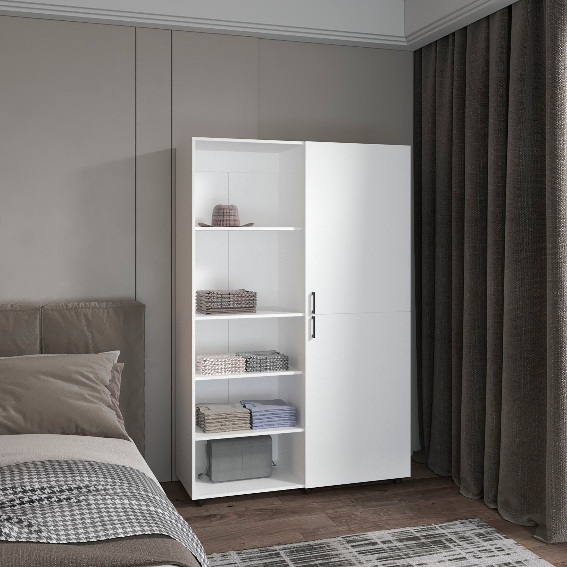 Eco High One Door Freestanding Armoire With Hanging Rod And Interior Shelves, Compact Bedroom Wardrobe, White