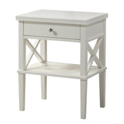 Madison White Nightstand with Open Shelf and Drawer and Decorative Side Panels