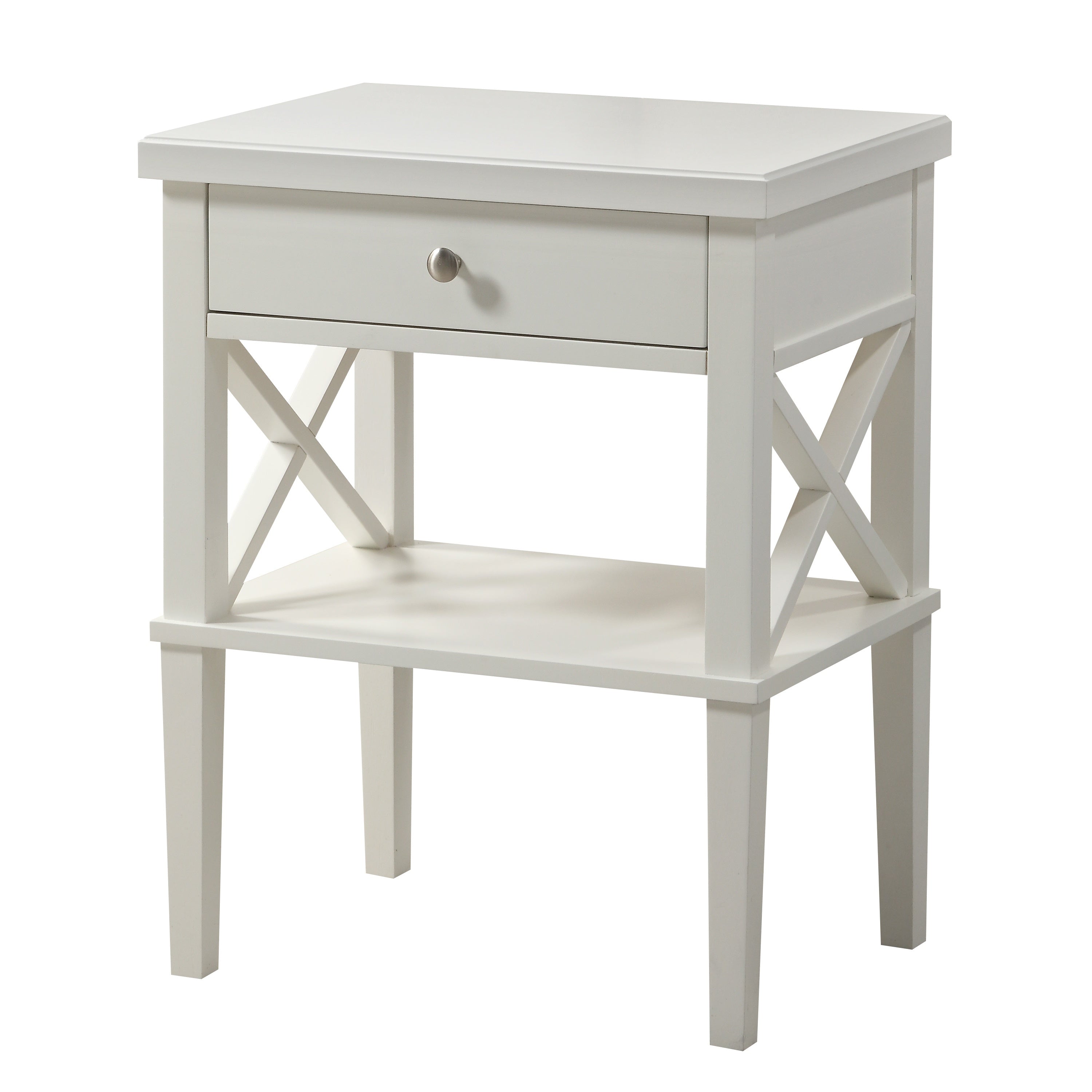 Madison White Nightstand with Open Shelf and Drawer and Decorative Side Panels