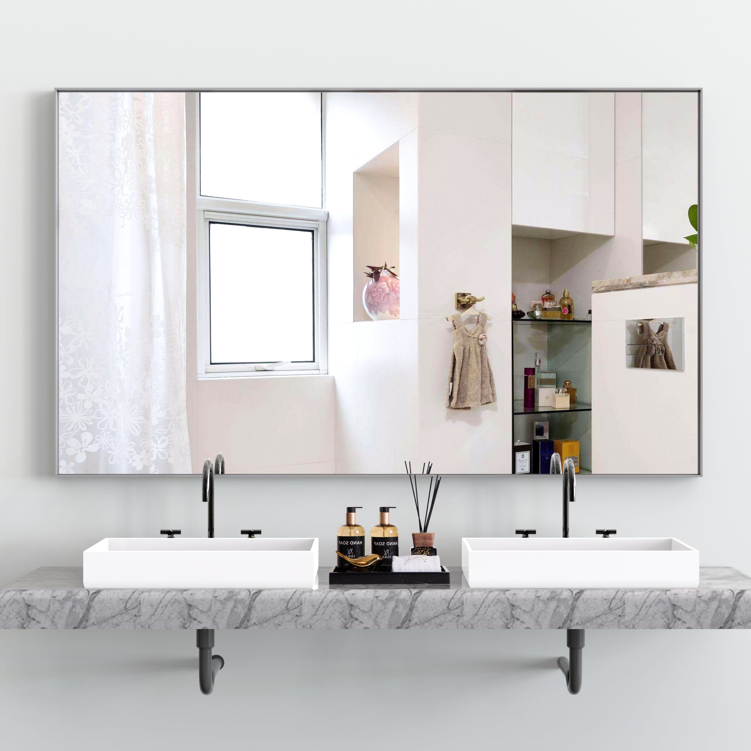 60*36' Oversized Modern Rectangle Bathroom Mirror with Silver Frame Decorative Large Wall Mirrors for Bathroom Living Room Bedroom Vertical or Horizontal Wall Mounted mirror with Aluminum Frame
