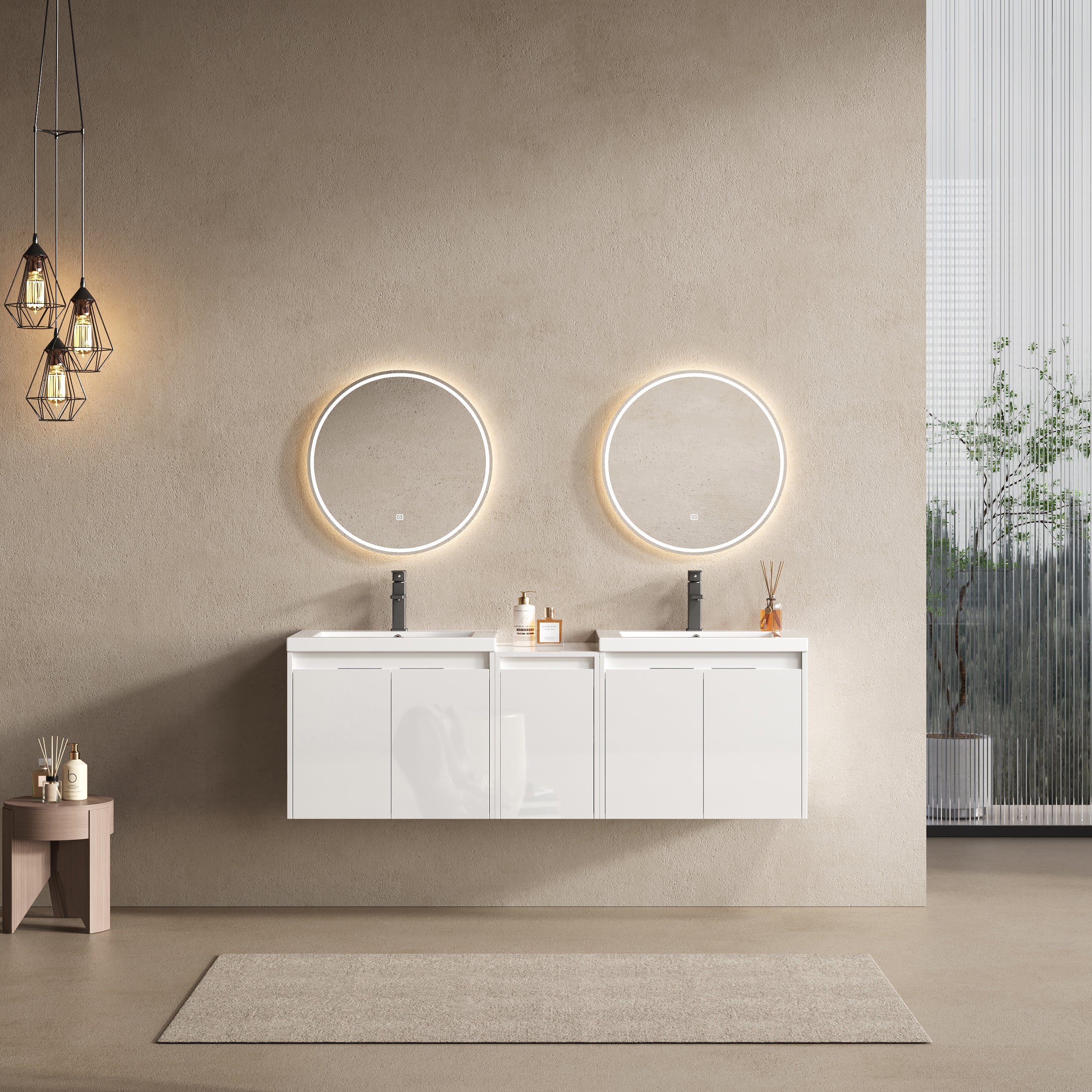 60' Bathroom Vanity With Resin Sink, Soft Close Doors and 1-Side Cabinet, Float Mounting Design, Glossy White, Plywood(KD-Packing)-24'x2 + 12'