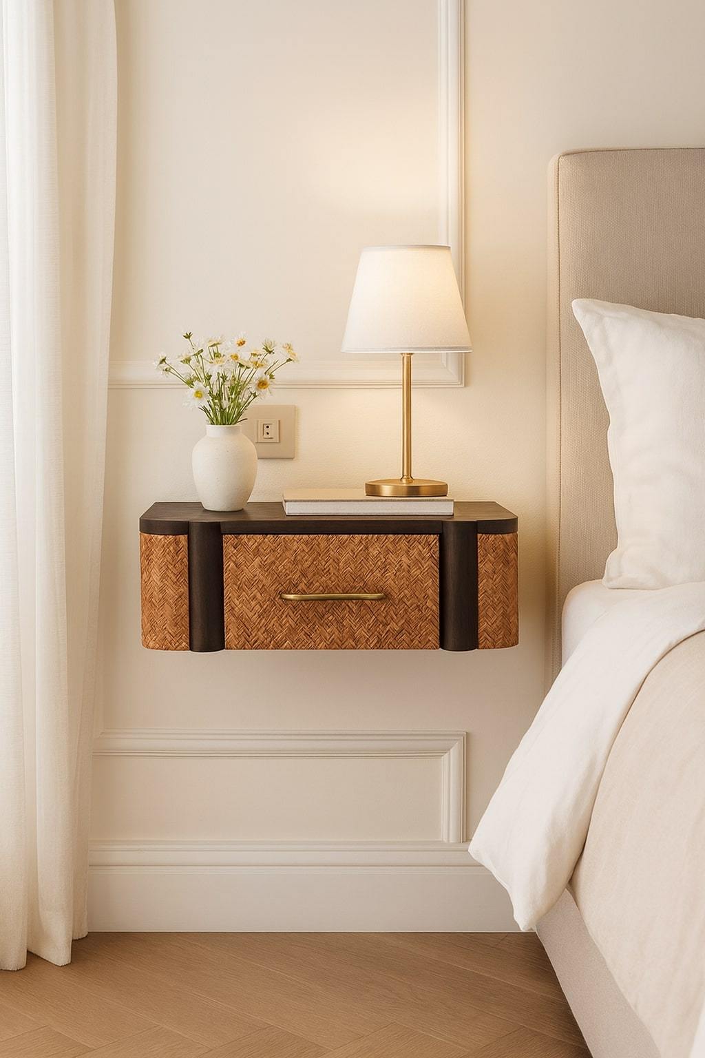 Solid Wood Rattan Curve Wall-Mounted Drawer,Brown