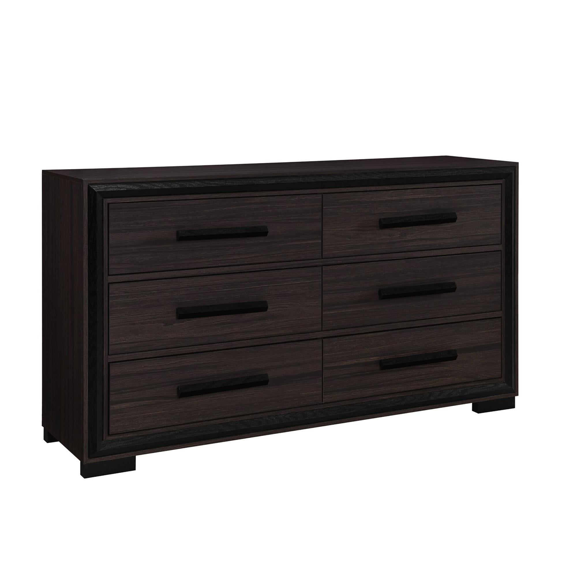 Elegant Adelaide Brown Dresser with Sleek Black Finish and Black Drawer Pulls, Solid Wood and MDF, 60 Inch
