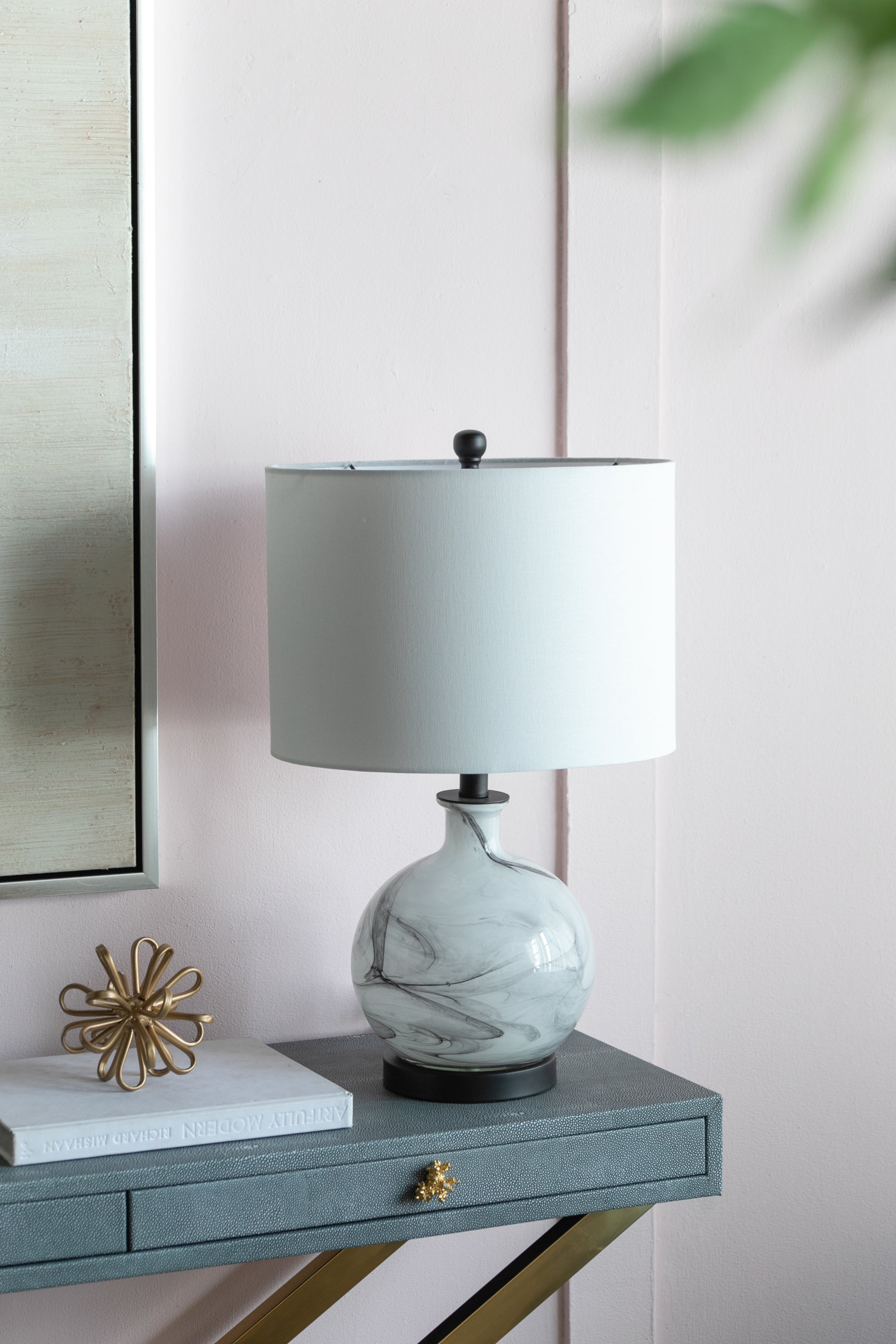 14x14x23' White And Grey Glass Table Lamp
