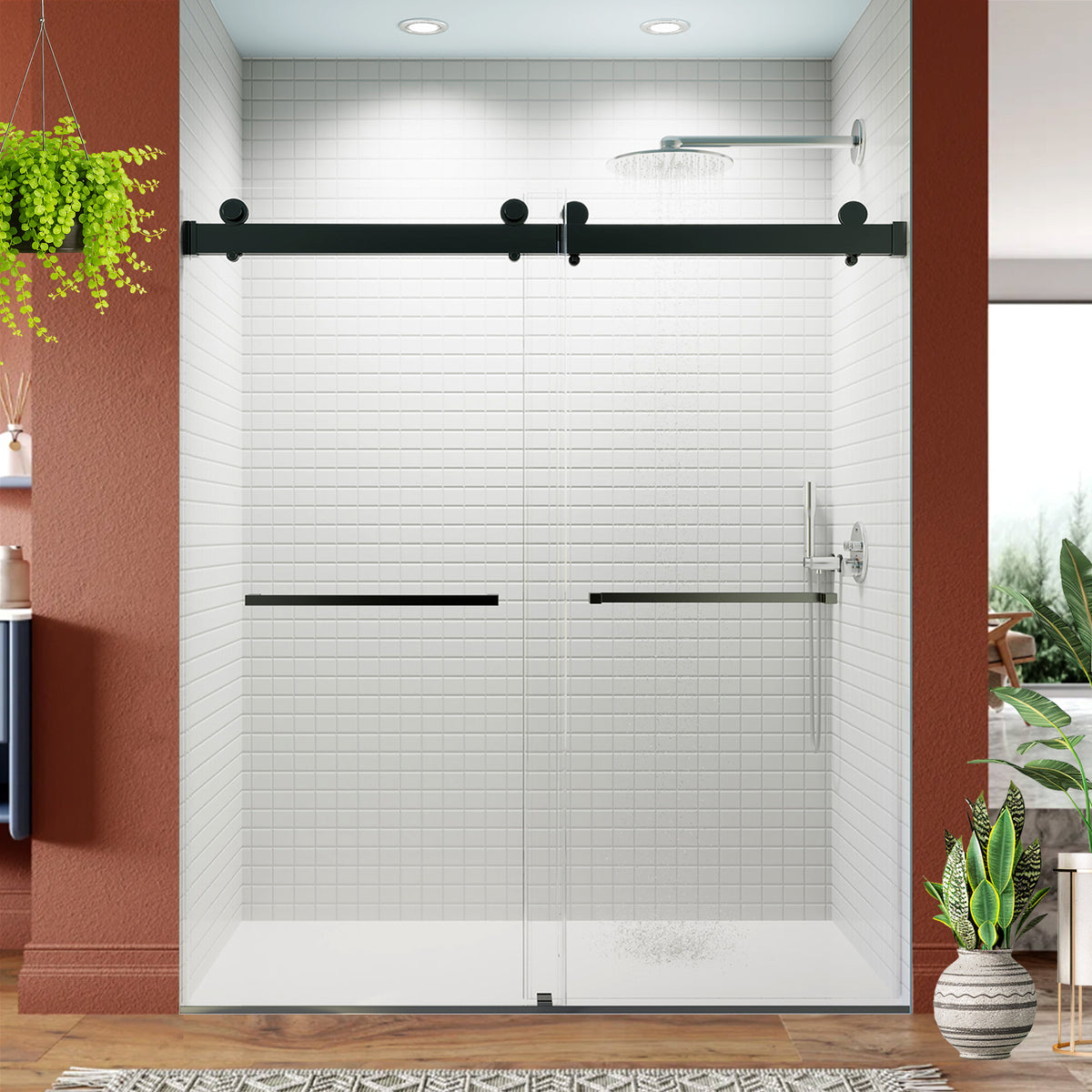 68-72*76 INCH Frameless Double Sliding Soft-Close Shower Doors, Bathroom Sliding Shower Door Glass Door,Shower Door ,(10mm) Thick SGCC Tempered Glass Door For Bathroom + Stainless Steel--Matte Black