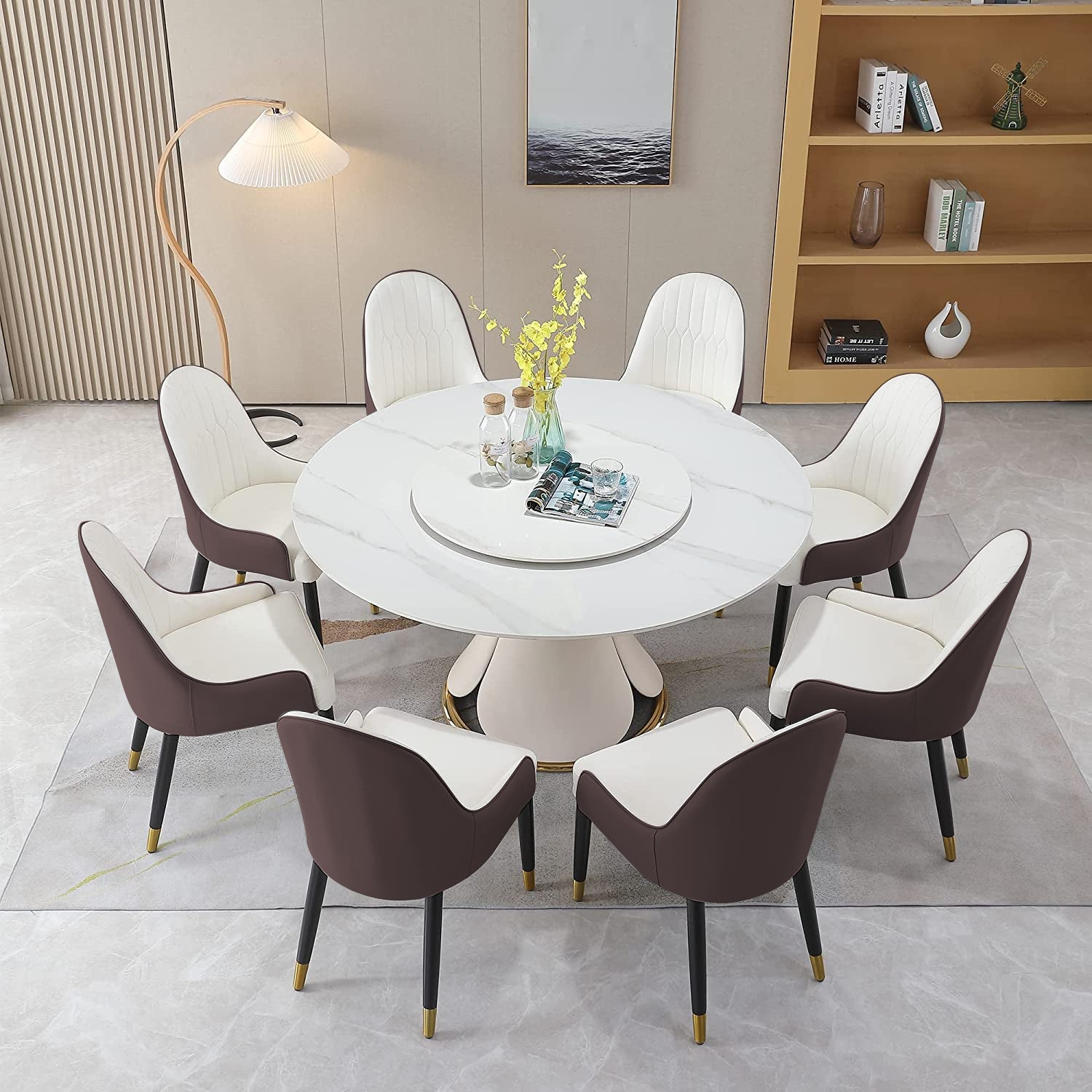 59.05'Modern Sintered stone dining table with 31.5' round turntable with wood and metal exquisite pedestal with 8pcs Chairs
