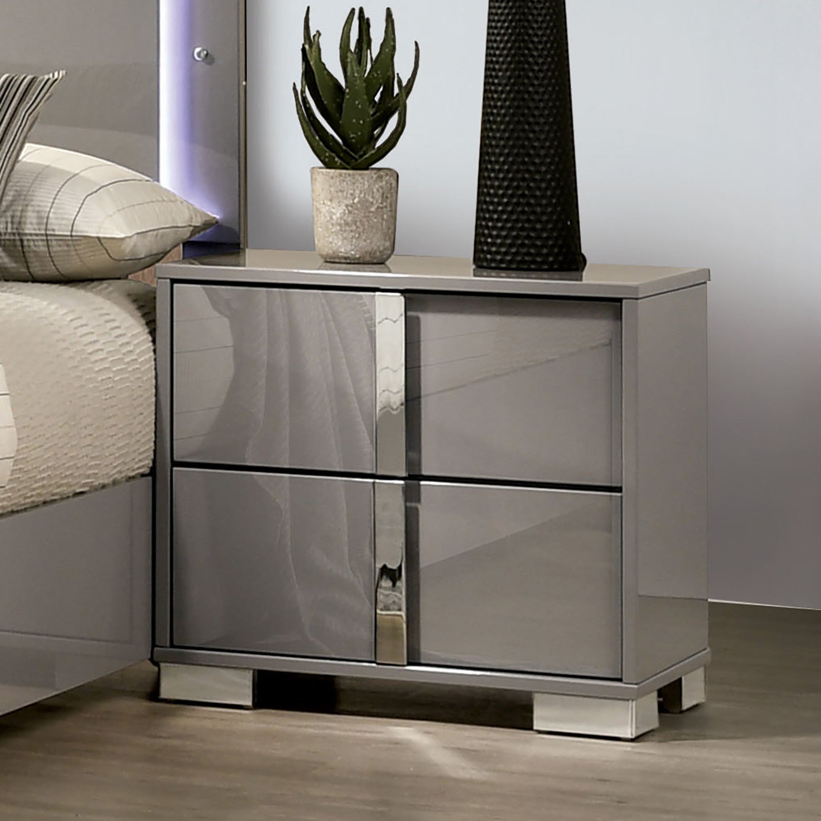 Contemporary Classic Light Taupe Bedside Table Bedroom Furniture 1pc Nightstand Chrome Legs Handles