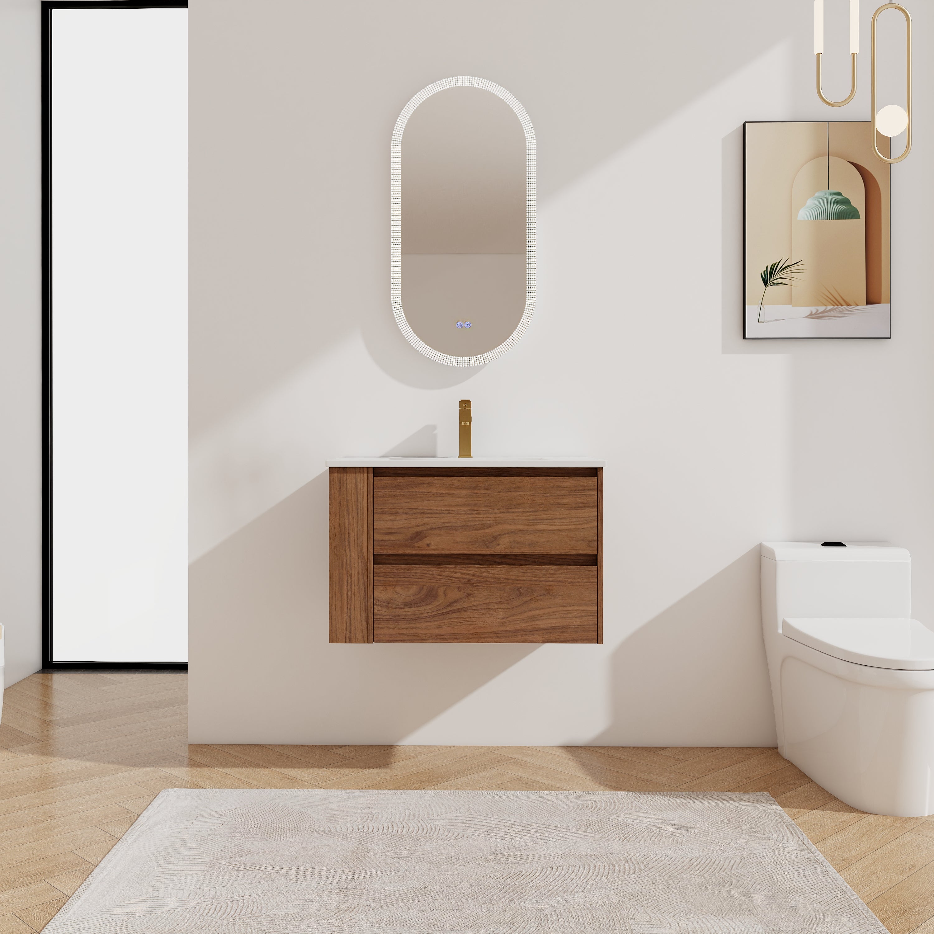 30' Wall Mounting Bathroom Vanity With Ceramic Sink, 2-Soft Close Drawer