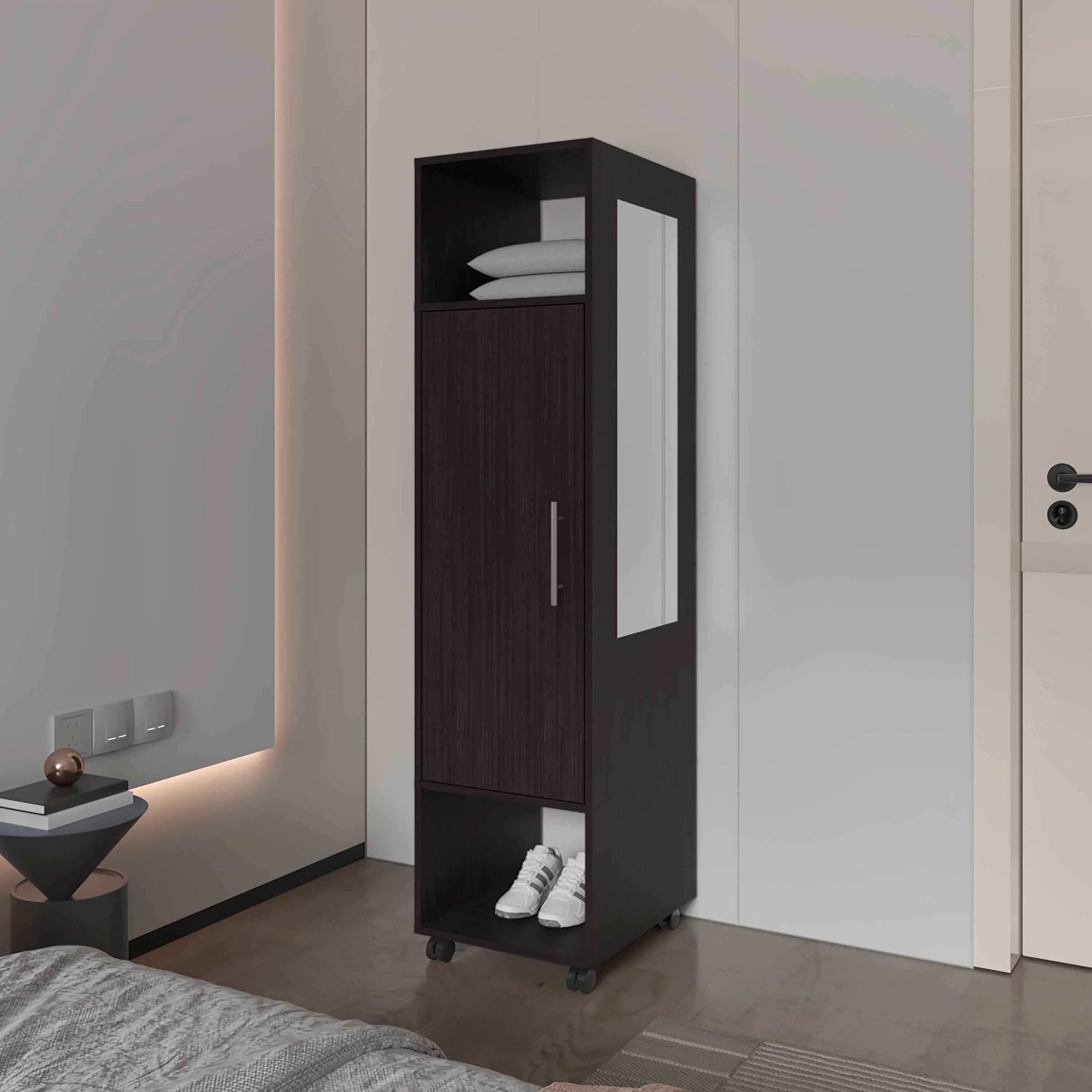Black 1-Door Wardrobe with Mirror and Open Storage