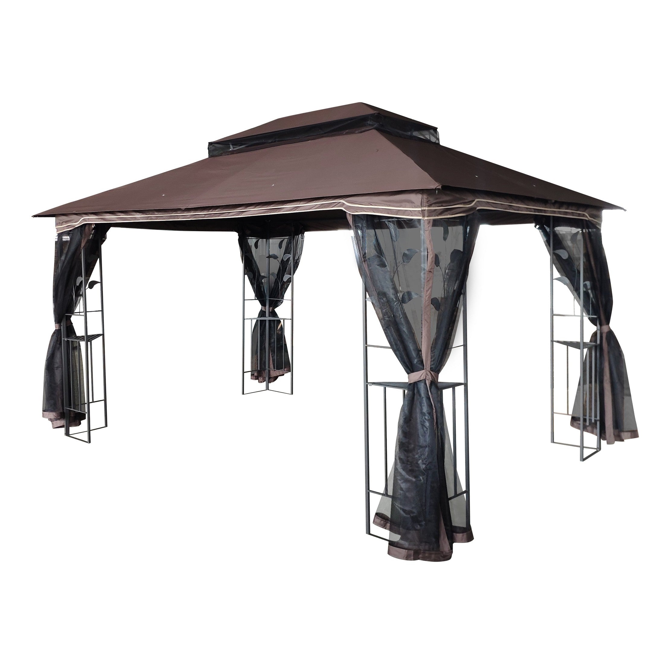 13 x 10 ft Patio Gazebo Tent with Ventilated Double Roof and Mosquito Net, Brown Canopy for Backyard or Garden