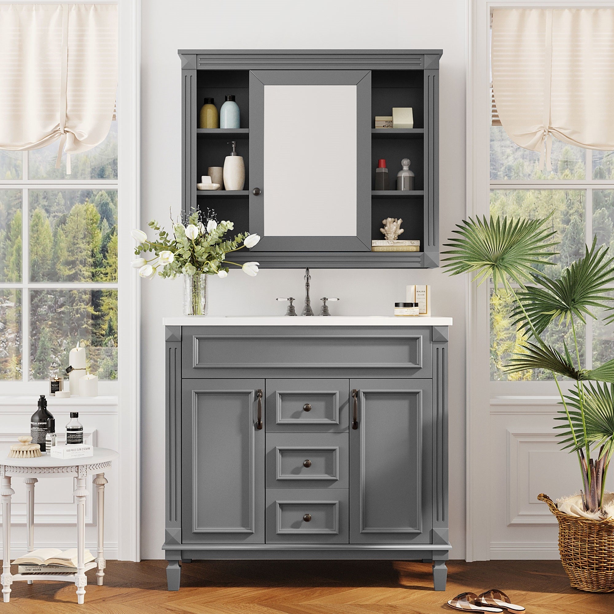 36'' Bathroom Vanity with Top Sink, Mirror Cabinet, Modern Bathroom Storage Cabinet with 2 Soft Closing Doors and 2 Drawers, Single Sink Bathroom Vanity