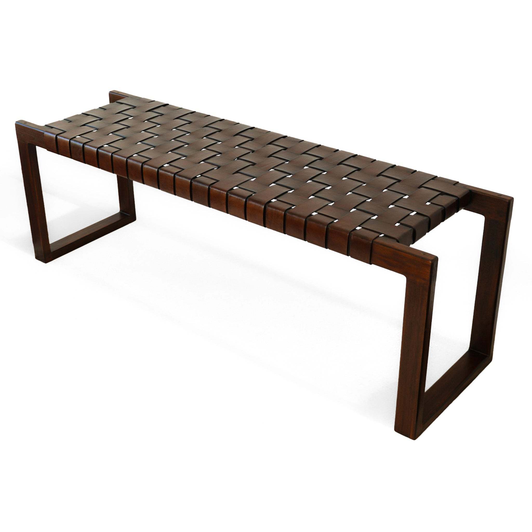 Christina Mid-Century Modern Tan Leather Bench with Solid Wood Frame and Tapered Legs 18.5'H x 55'W x 15.7'D for Living Room Bedroom Waiting Room
