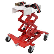 Heavy-Duty Low Lift Transmission Jack with Nylon Safety Strap for Small Vehicles, Red Steel, 450 Lbs Capacity