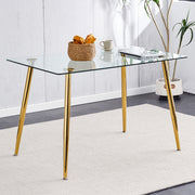 Modern Minimalist Rectangular Glass Dining Table for 4-6 with 0.31' Tempered Glass Tabletop and Golden plating Metal Legs, Writing Table Desk, 51' *31'*30'.