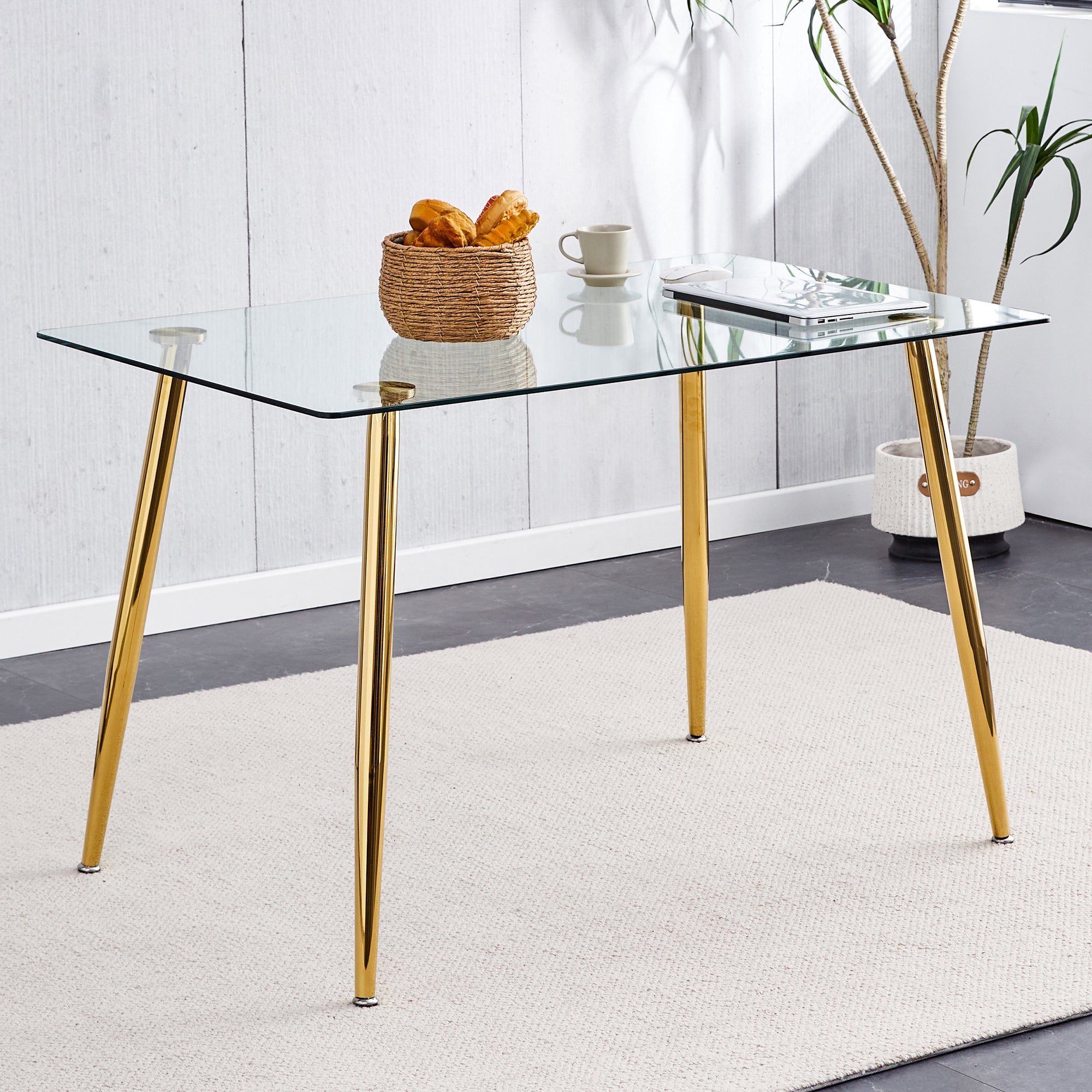 Modern Minimalist Rectangular Glass Dining Table for 4-6 with 0.31' Tempered Glass Tabletop and Golden plating Metal Legs, Writing Table Desk, 51' *31'*30'.