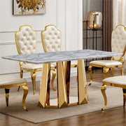 Marble Dining Table for 6 People, 70'' Rectangle Faux Marble Dining Table with Mirrored Finish Stainless Steel Base, Modern Large Size Marble Kitchen Table (Gold,Gray)(only table)