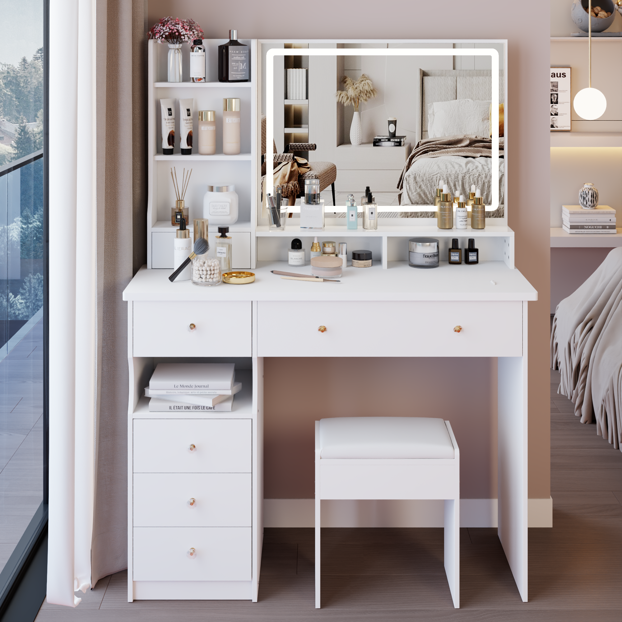41' Large Size Left Drawer Desktop Vanity Table+Cushioned Stool, Extra Large Touch Control LED Mirror, 3-color Switch, Multi Layer High Capacity Storage Fashionable Dresser, Suitable For Large Space