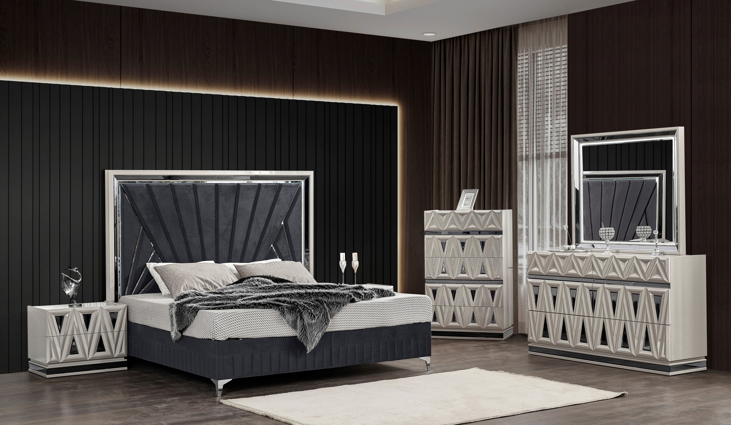 Lavita Modern & Contemporary Style 5 Pc King Upholstered Bedroom Set Made with Wood and Gold Accents in River Sand Grey (CA Inventory)