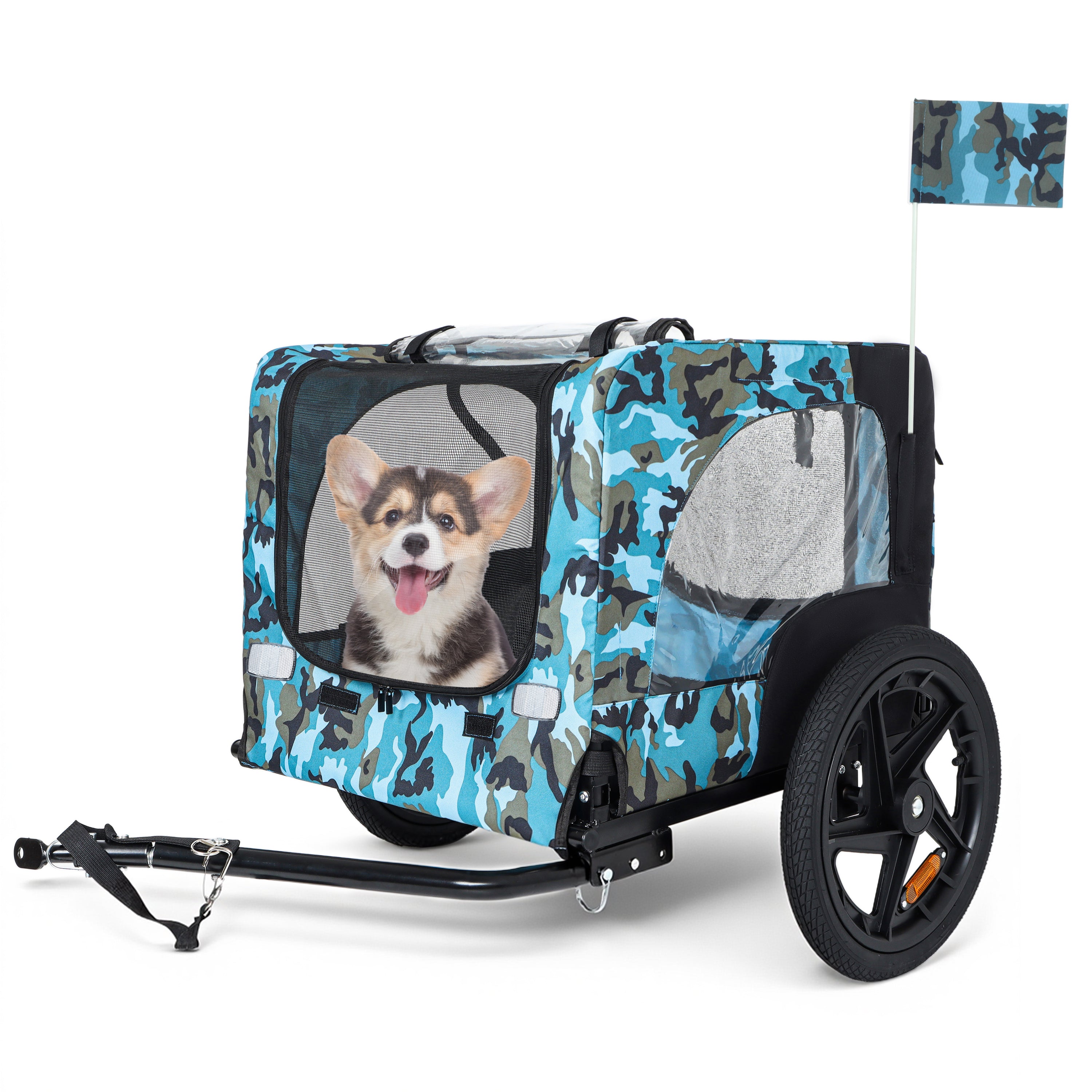 Outdoor Heavy Duty Collapsible Pet Bike Trailer with 16-Inch All-Terrain Wheels & Universal Hitch – Foldable Dog/Cargo Carrier Cart for Bicycles, blue+black