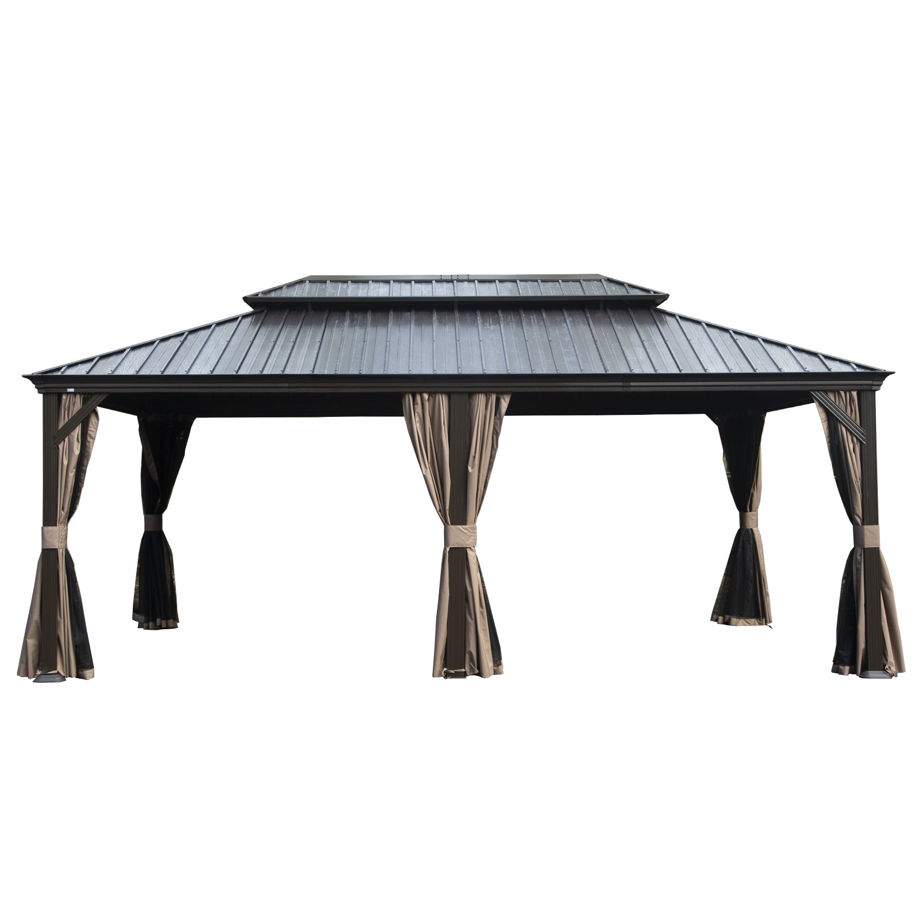 12' X 18' Hardtop Gazebo, Upgraded Metal Gazebo with Drainage System, Dual-Layer Galvanized Steel Roof, Curtain and Netting, Outdoor Shelter Canopy for Patio, Garden, and Backyard, Brown