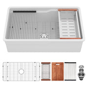 32' Undermount Workstation Single Bowl Porcelain Ceramic Kitchen Sink - White Rectangular Deep Basin with Dual Mount Installation
