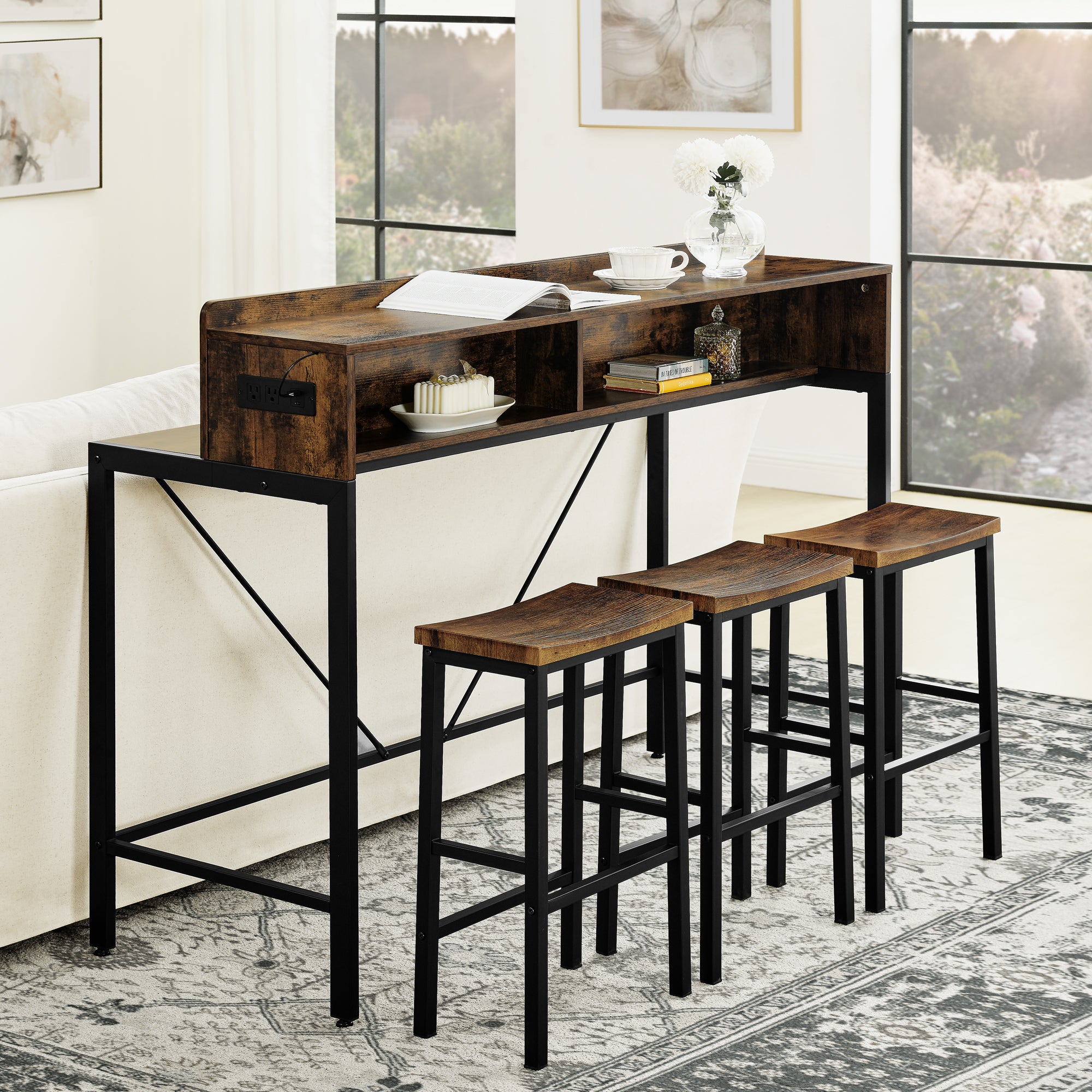 59 inch bar table, dining table, sofa table with power socket and LED light, 3 saddle stools, 4-piece bar table and chairs set for living room, dining room and kitchen