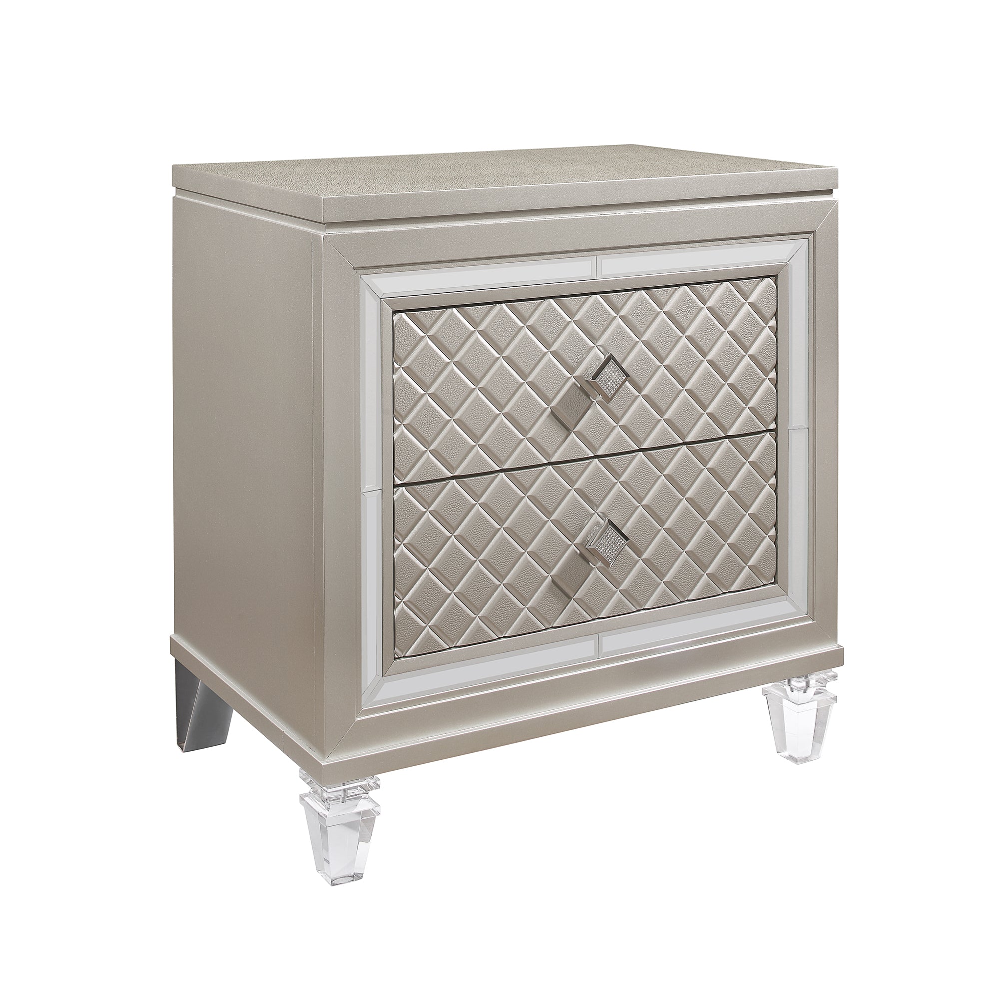 CROSS GLAM Champagne Nightstand with Acrylic Front Legs and Jewel Embellished Hardware