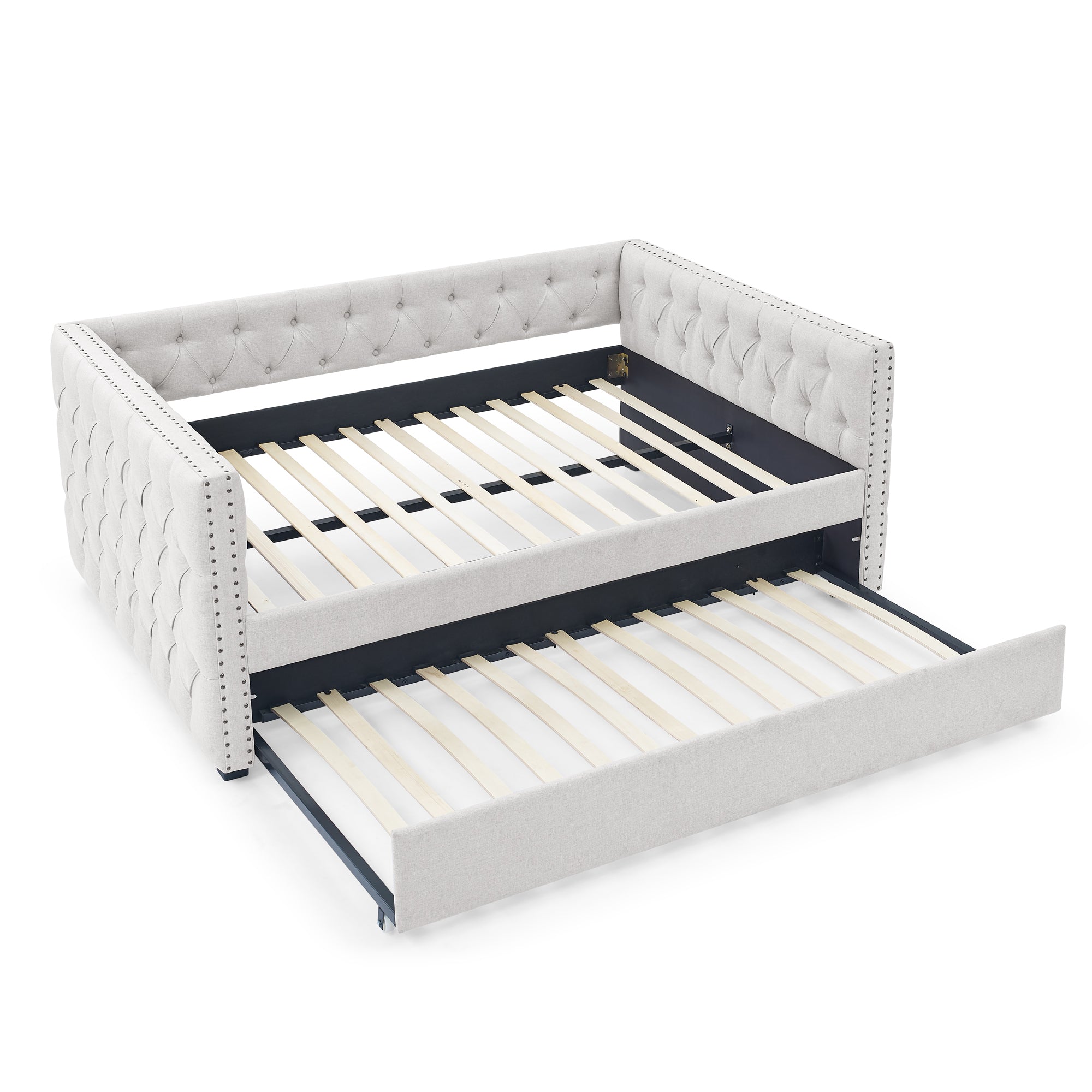 Mid-Century Upholstered Tufted Daybed with Trundle, Elegant Button and Nailhead Design, Beige, Full Daybed & Twin Trundle