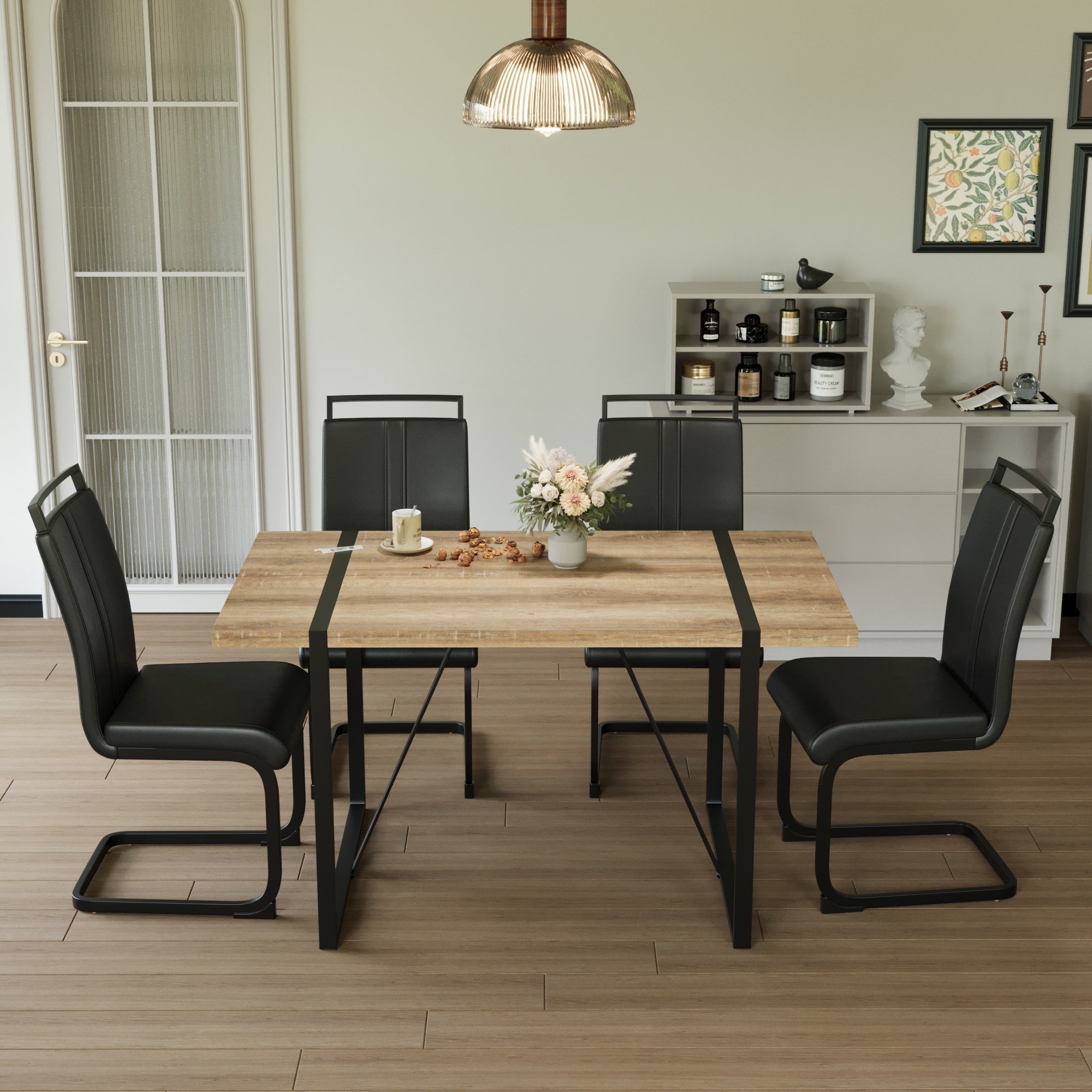 55 ' dining table modern rural industrial rectangular MDF wood set and PU armless dining chair set 4,kitchen black metal table legs dining table and chair set,