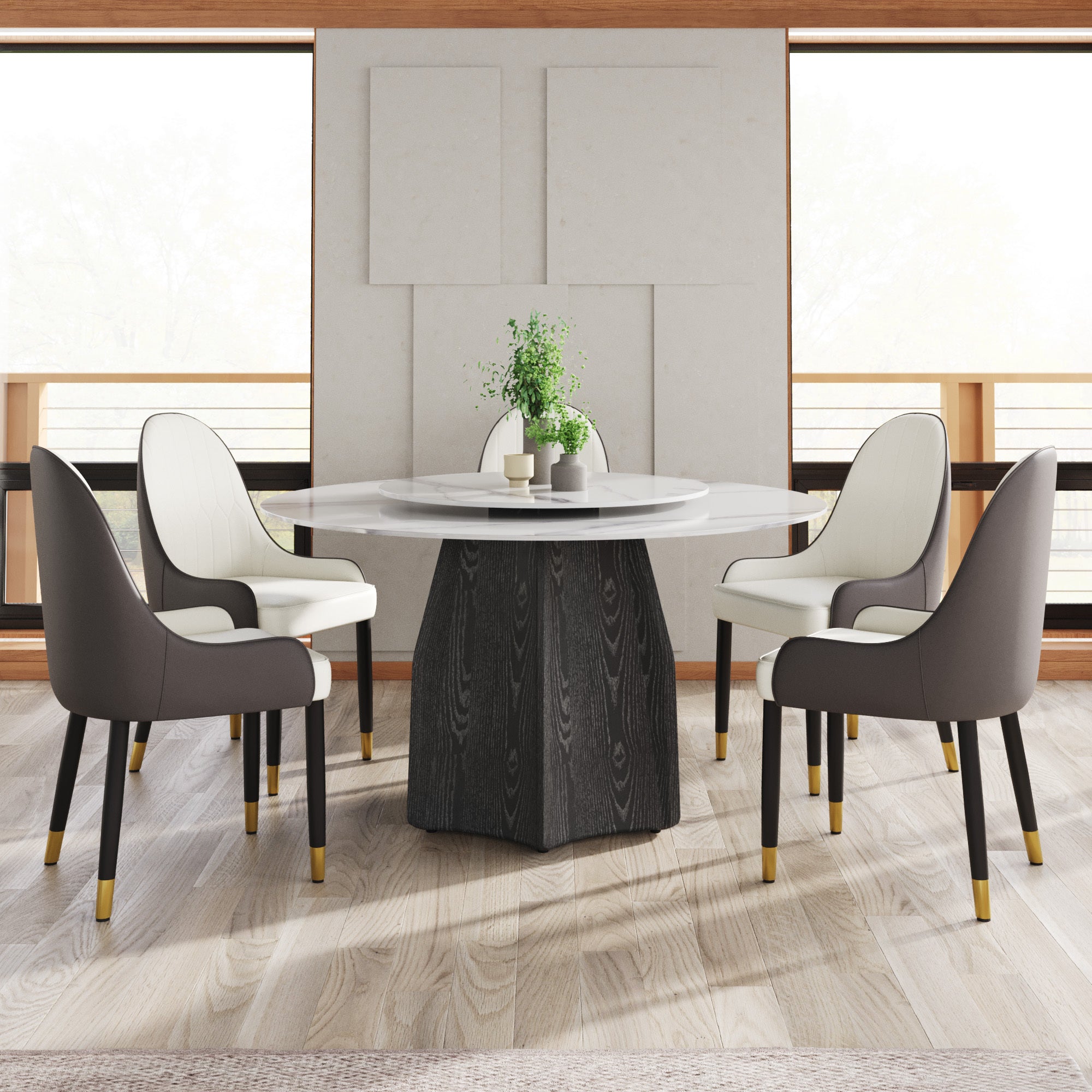53' Round Marble Dining Table with Black Textured Solid Wood Base, Artificial Marble for 6 People, 23.62'White Artificial Stone Turntable,White (Dining Table Only)