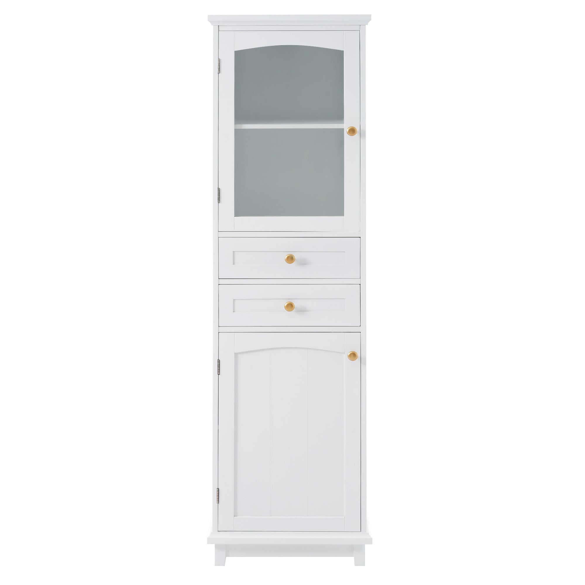 Modern Tall Bathroom Storage Cabinet with Glass Doors, Two Drawers, Adjustable Shelves, Made of MDF with White Painted Finish, 17.76'W x 14.21'D x 62.99'H