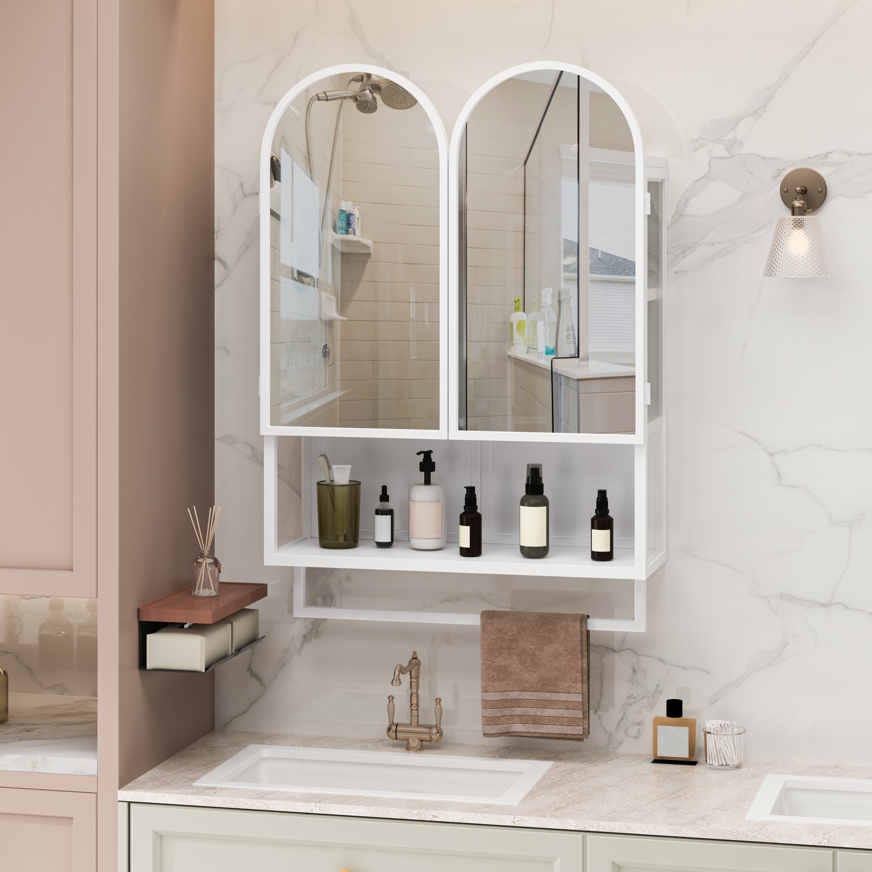 23.62' Modern Double-Arched Mirror Cabinet,2 Doors Medicine Cabinet, Metal Wall Cabinet with Adjustable Shelves and Towel Rack, Mirror Cabinet with Storage for Bathroom, Living Room and Bedroom, White