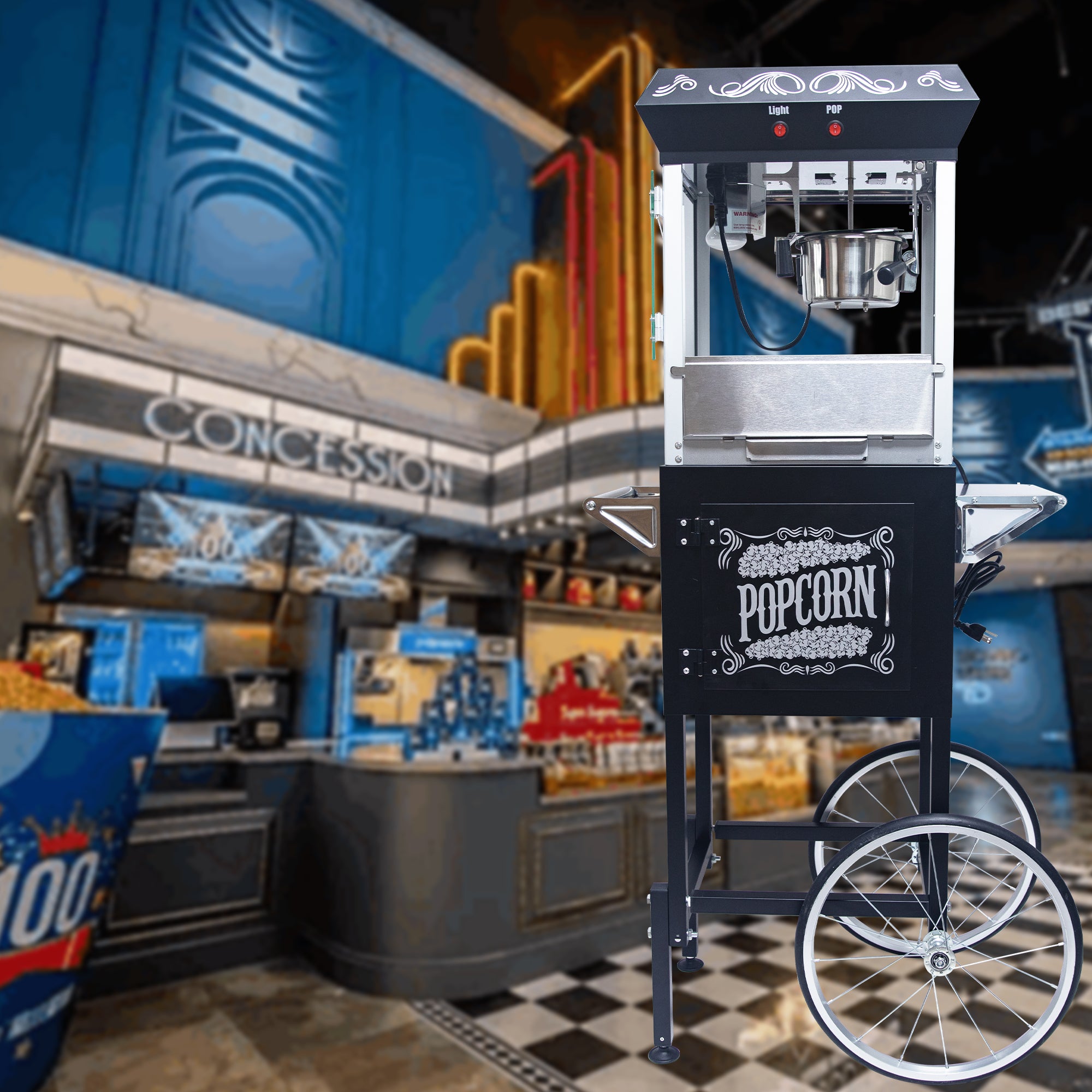 Popcorn Machine with Cart – 8oz Popper with Stainless-steel Kettle, Heated Warming Deck, and Old Maids Drawer,Black
