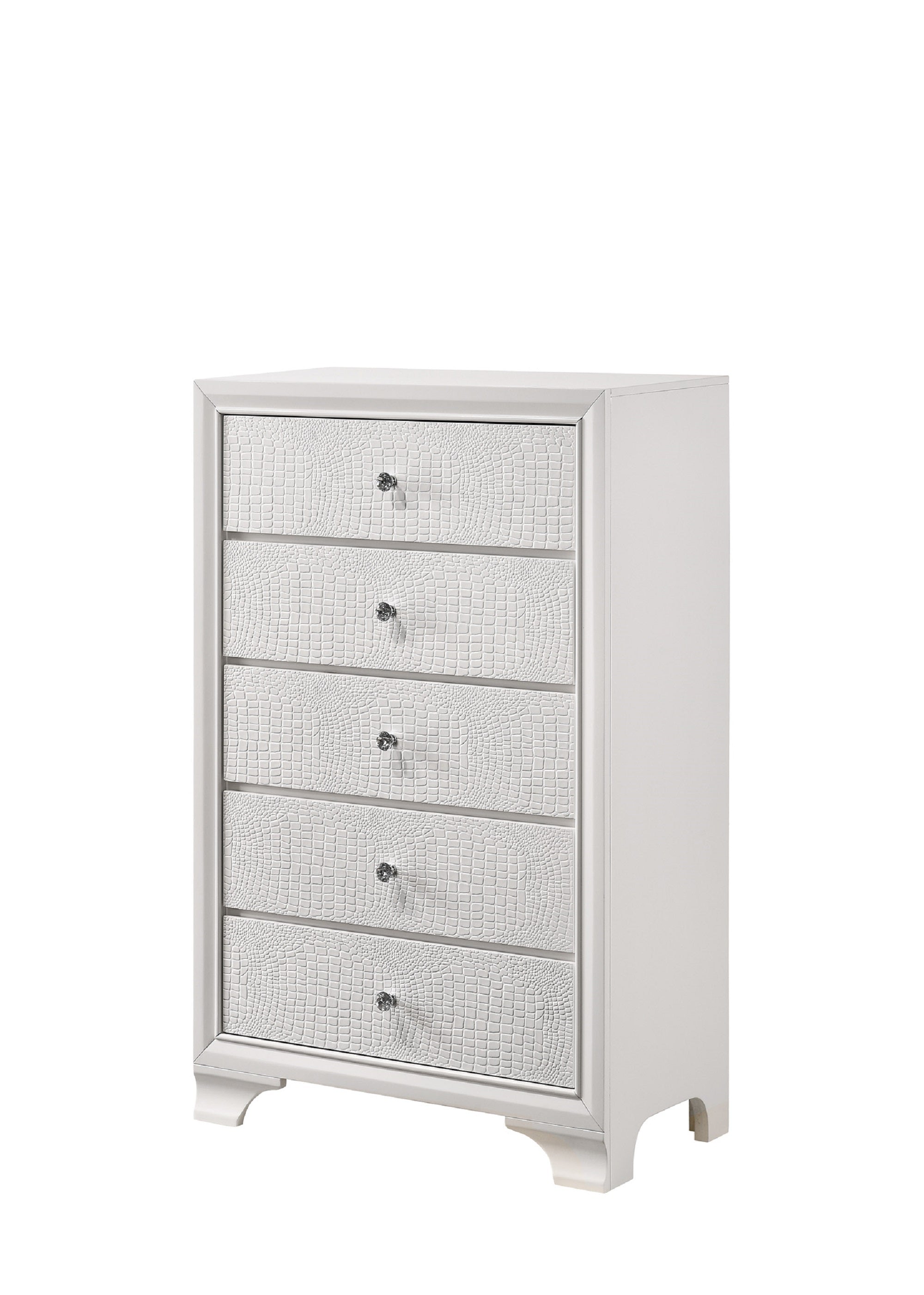1pc Modern Glam Style White Frost Finish Glam Five Drawer Chest Embossed Crocodile Pattern Wooden Bedroom Furniture