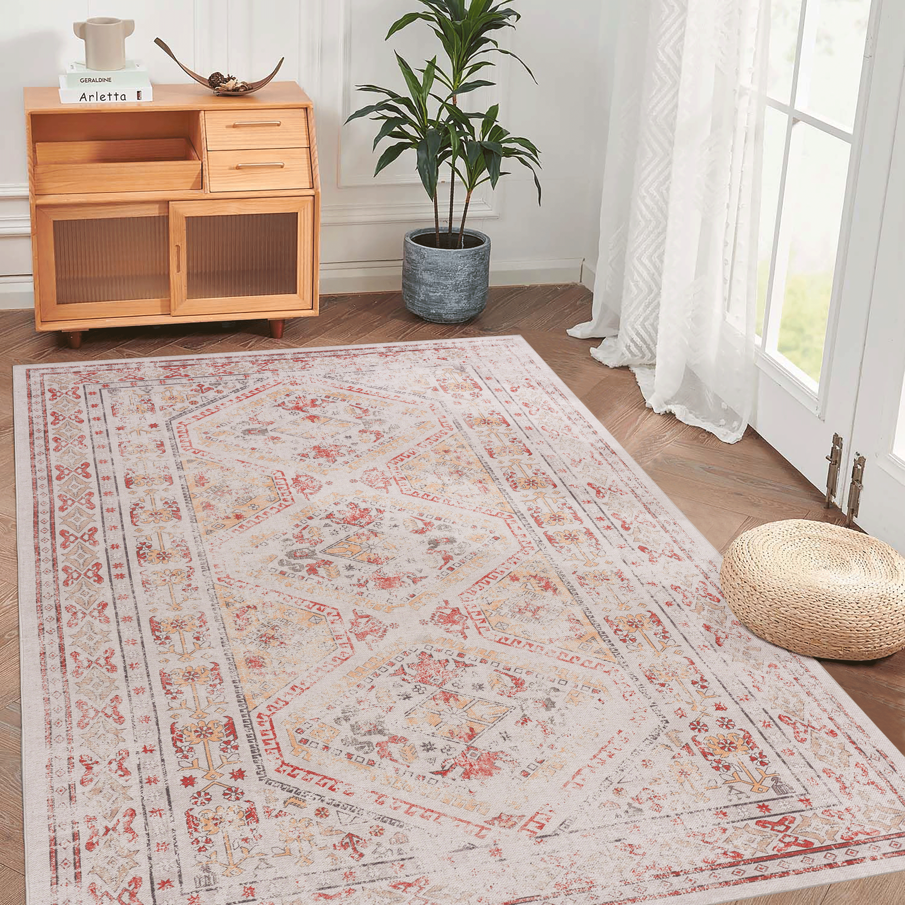 MAVAL Beige Washable Rug 5x8 Area Rug (Beige, 5' x 8')