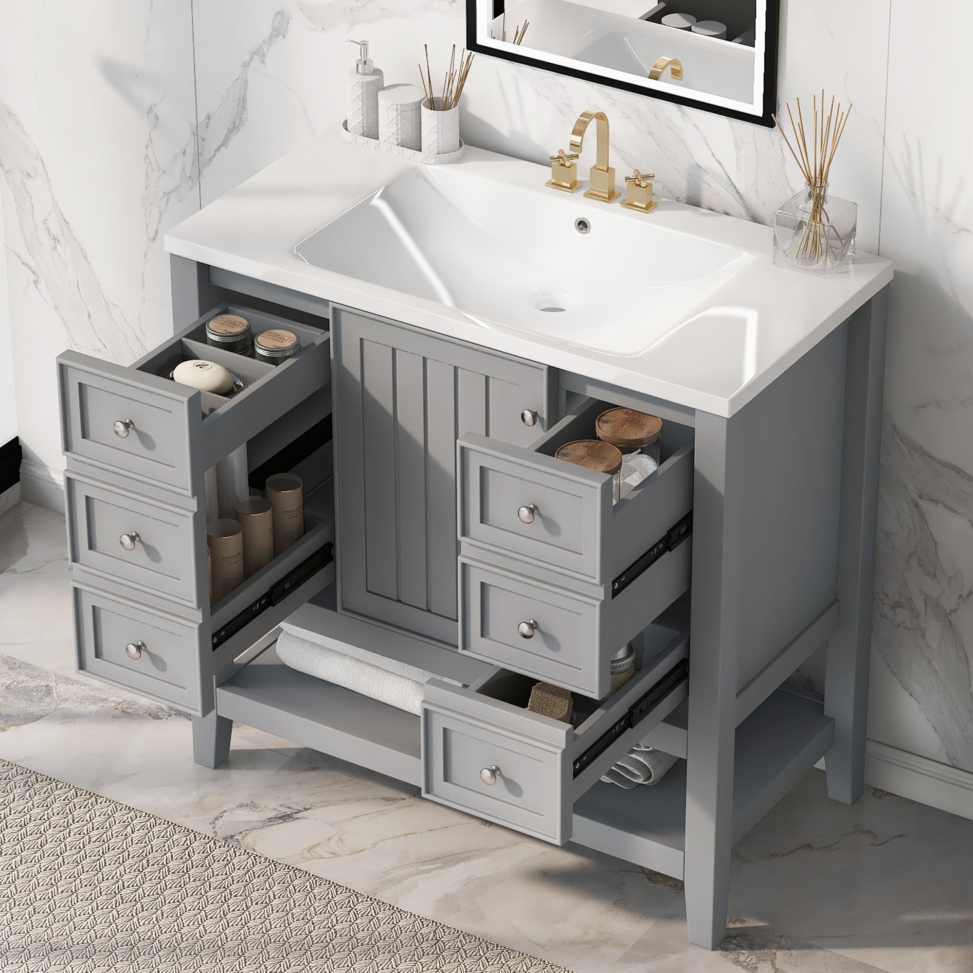 36' Bathroom Vanity with Sink, One Cabinet and Three Drawers, Solid Wood and MDF Board, Grey (Old Sku:SY999505AAE-6)