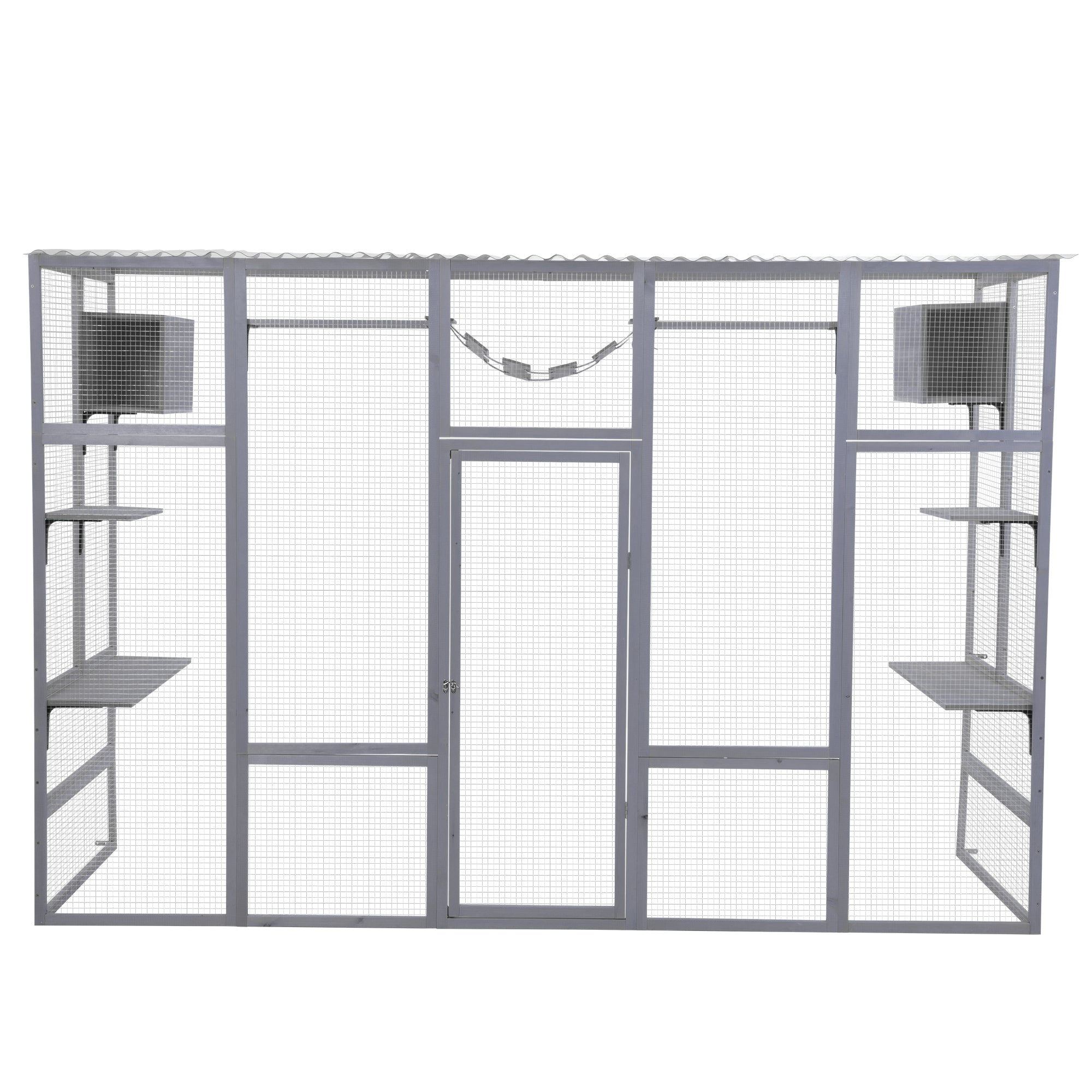 Wooden Cat Enclosure with 6 Jumping Platforms, 2 Cat Condos, Cat Bridge and Scratching Board, Gray