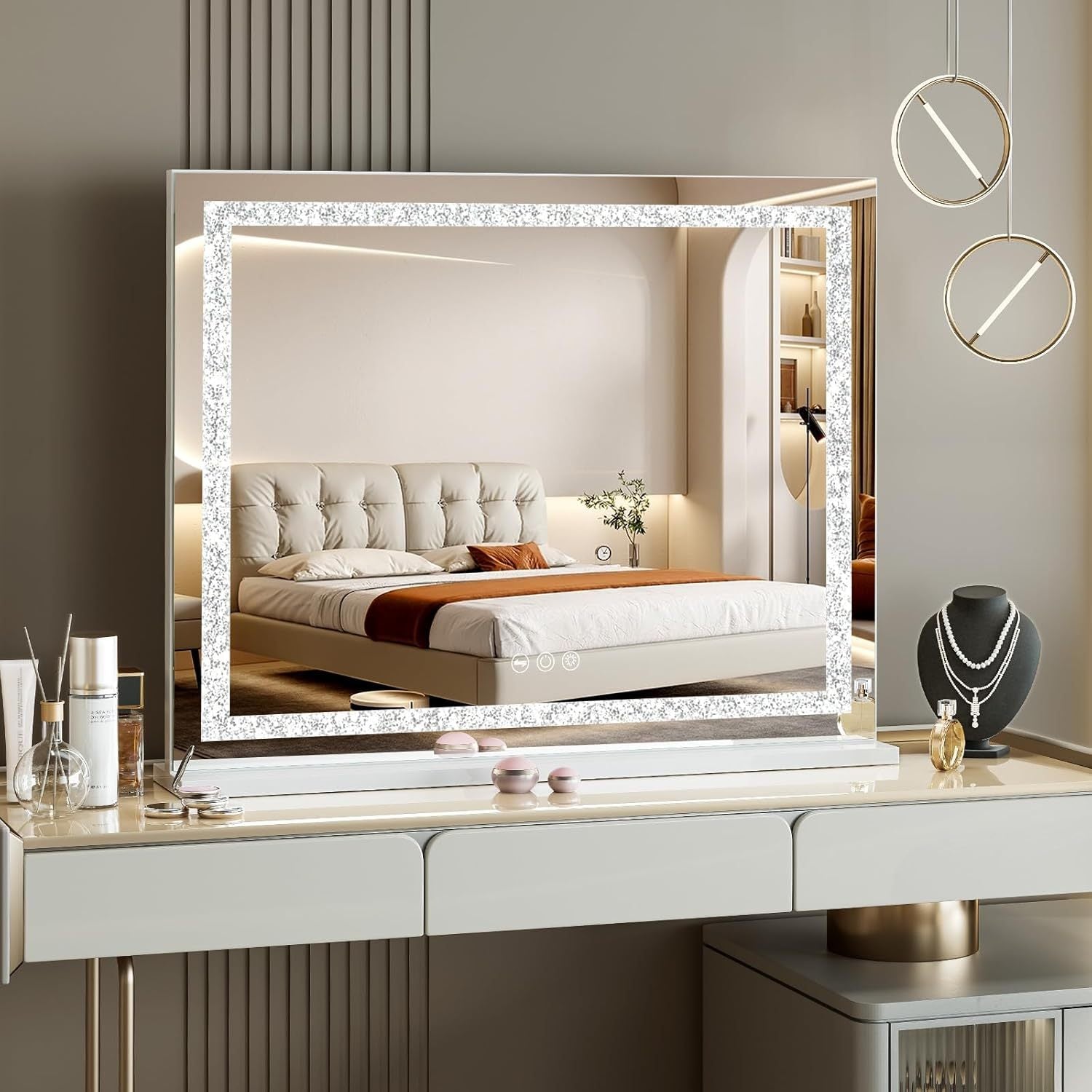 Vanity Mirror with Lights 31.5' x 22.8' Makeup Mirror with Crystal Light Strip and Hollywood Vanity Mirror wtih Smart Touch Control 3 Colors Dimmable Light Strip & 10X Magnification,White