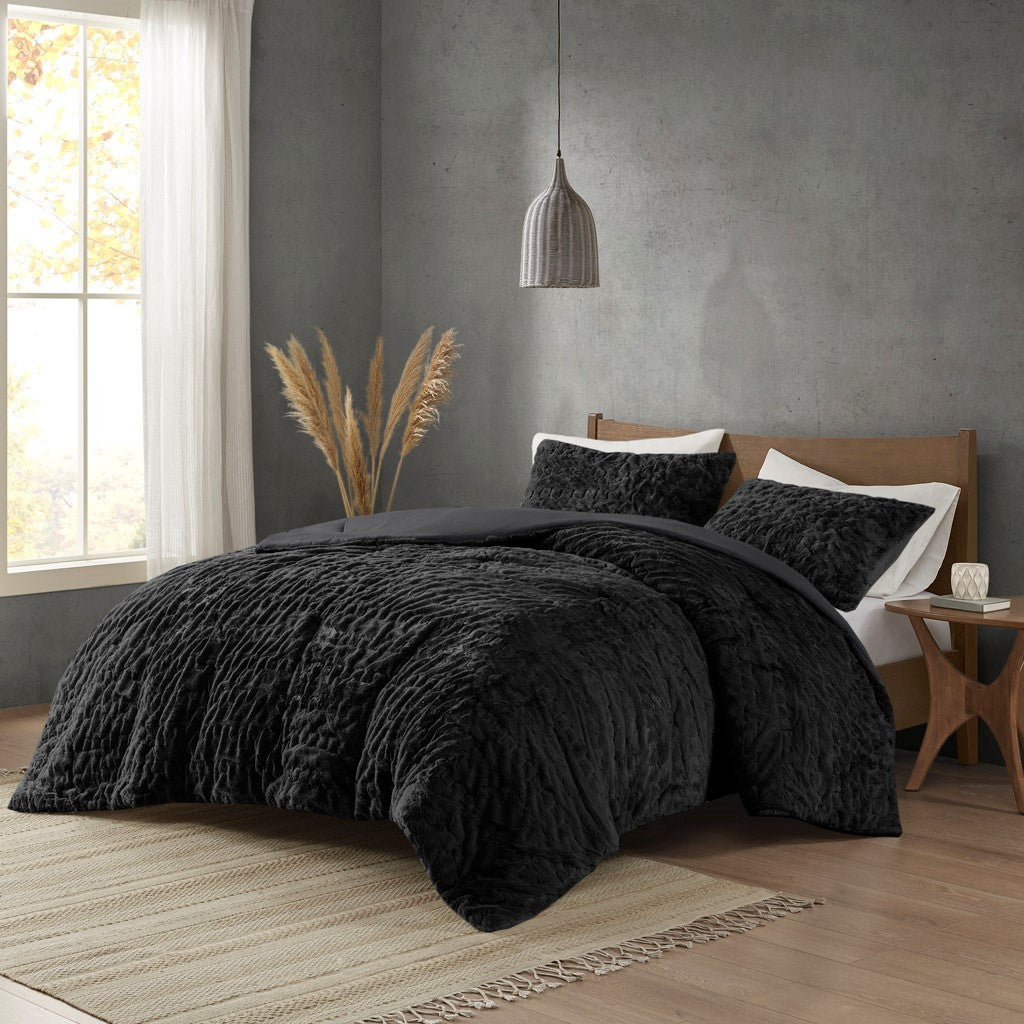 Full/Queen Ruched Fur Down Alternative Comforter Set
