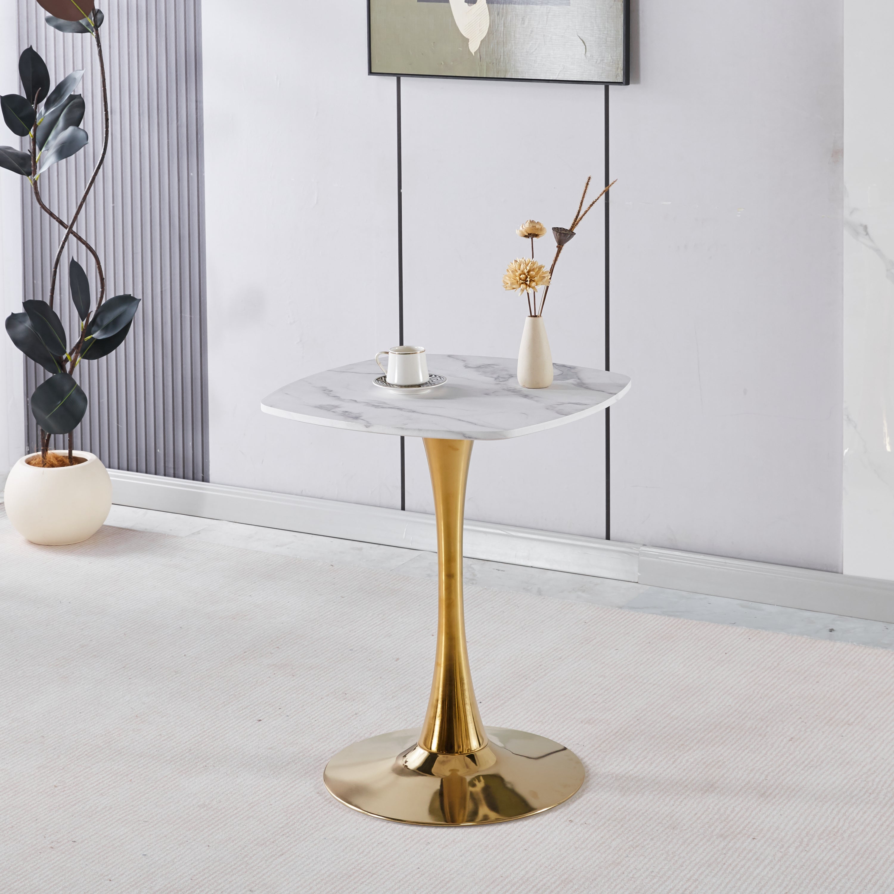 Square Tulip Dining Table for 2-4 Persons, 24 Inch Small Kitchen Table with Sturdy Golden Metal Pedestal Base, Modern Bistro Table for Small Space, Apartment, Cafe, Office, Living Room (White & Gold)
