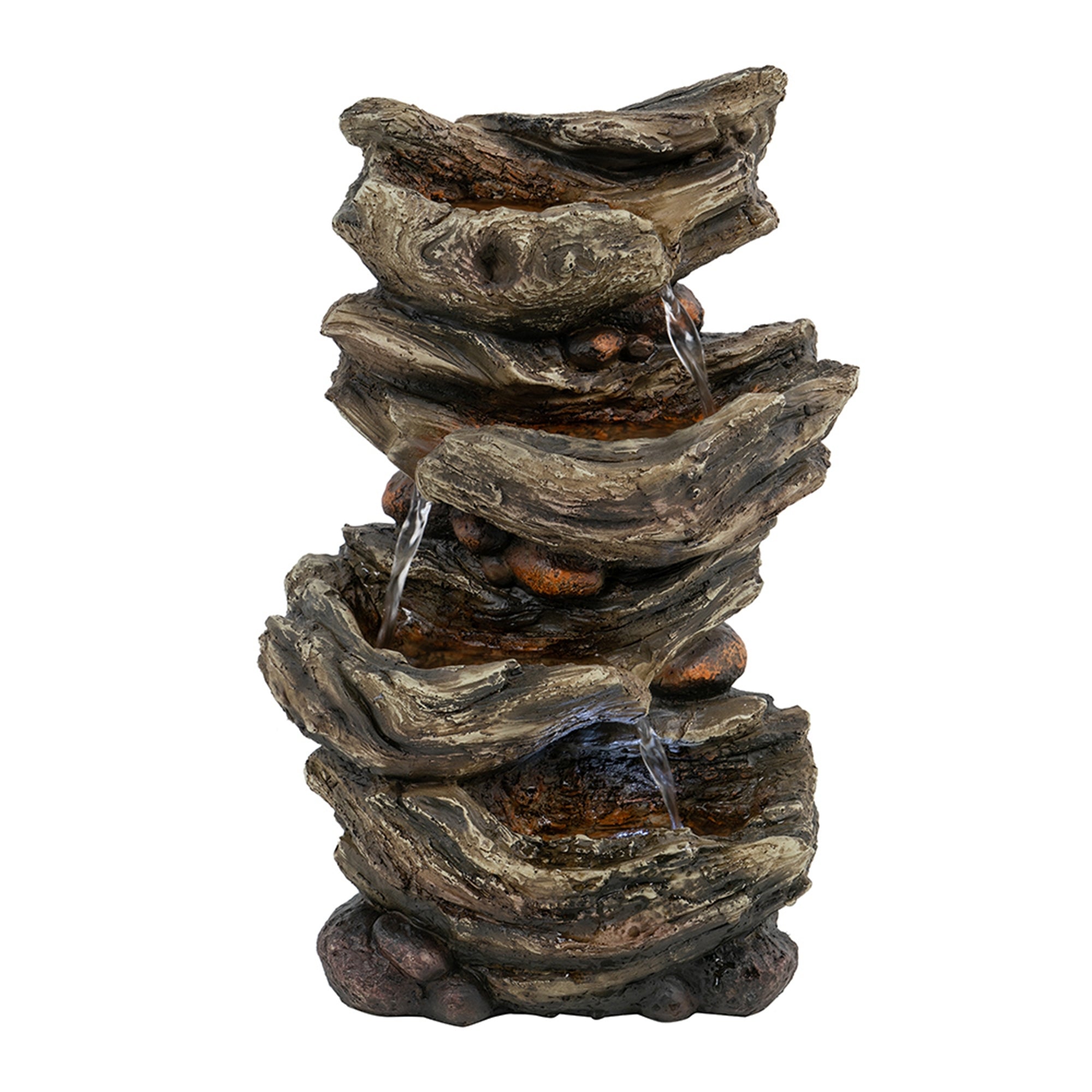 Rustic Brown Polyresin 4-Tier Cascading Wood-Look Tabletop Water Fountain with LED Light