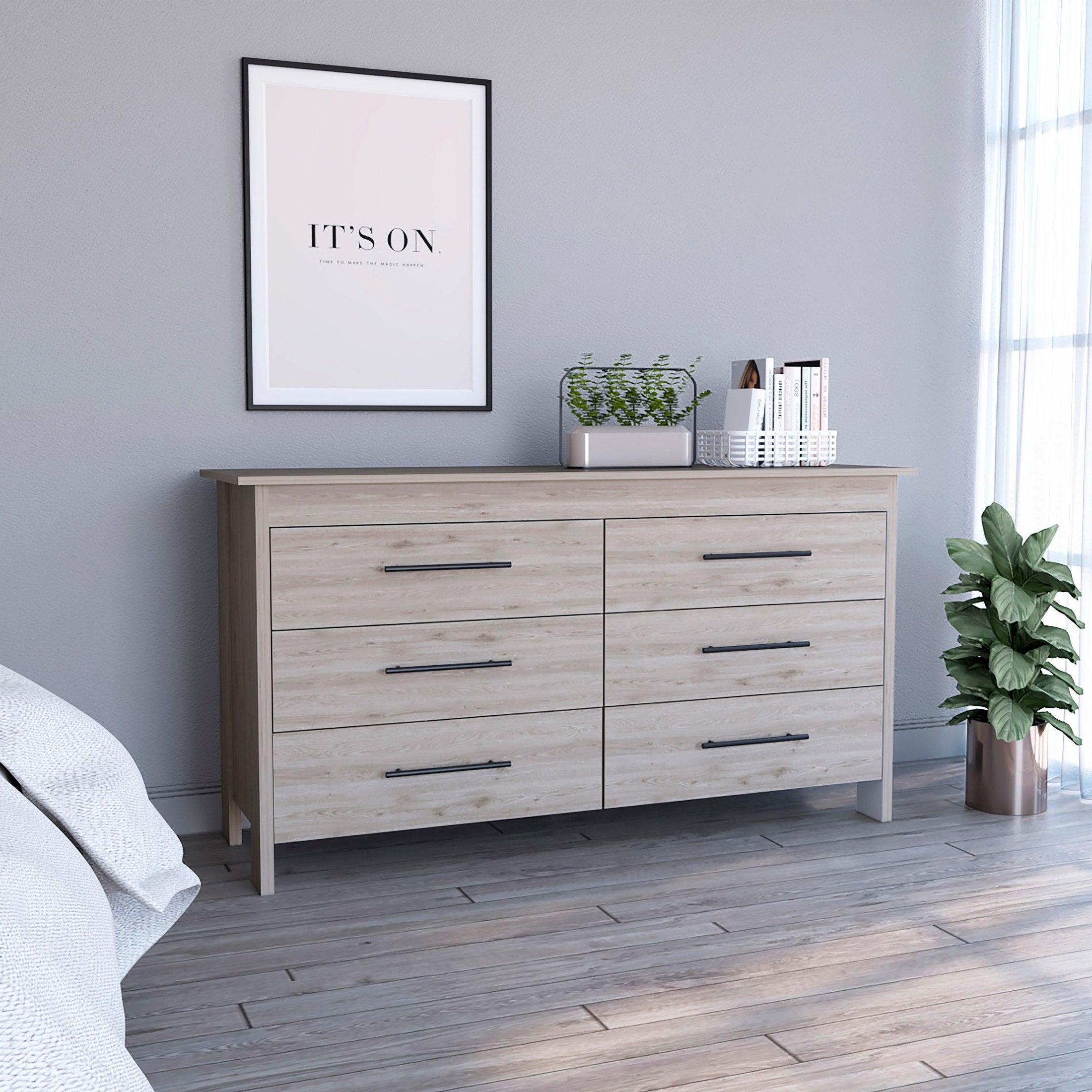 Hms 6 Drawer Double Dresser, Four Legs, Superior Top, Six Drawers -Light Gray